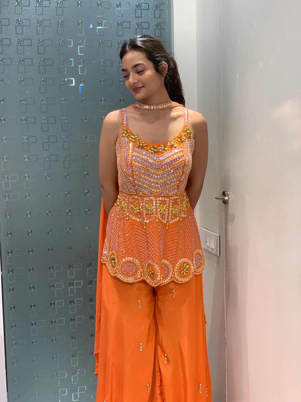 Orange Satin Silk Complete Handwork Peplum Top & Sharara Set