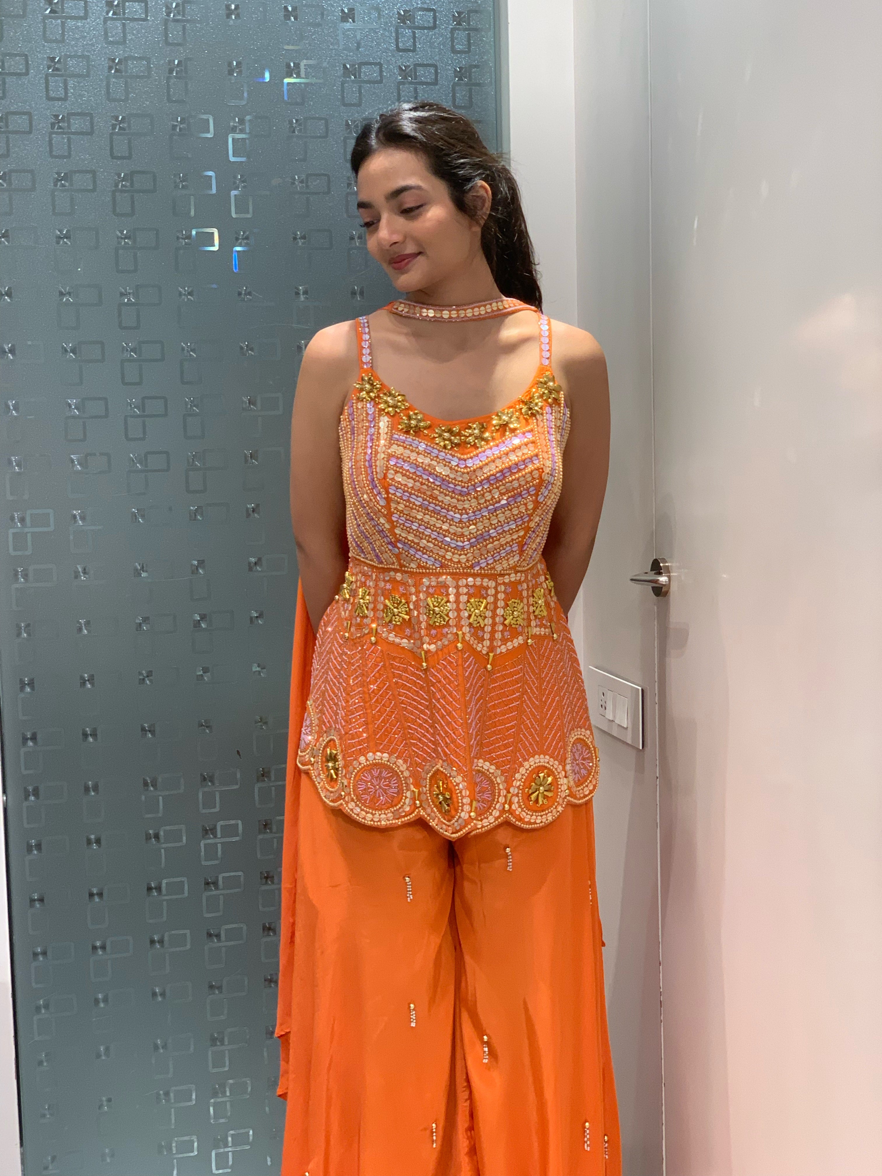 Orange Satin Silk Complete Handwork Peplum Top & Sharara Set