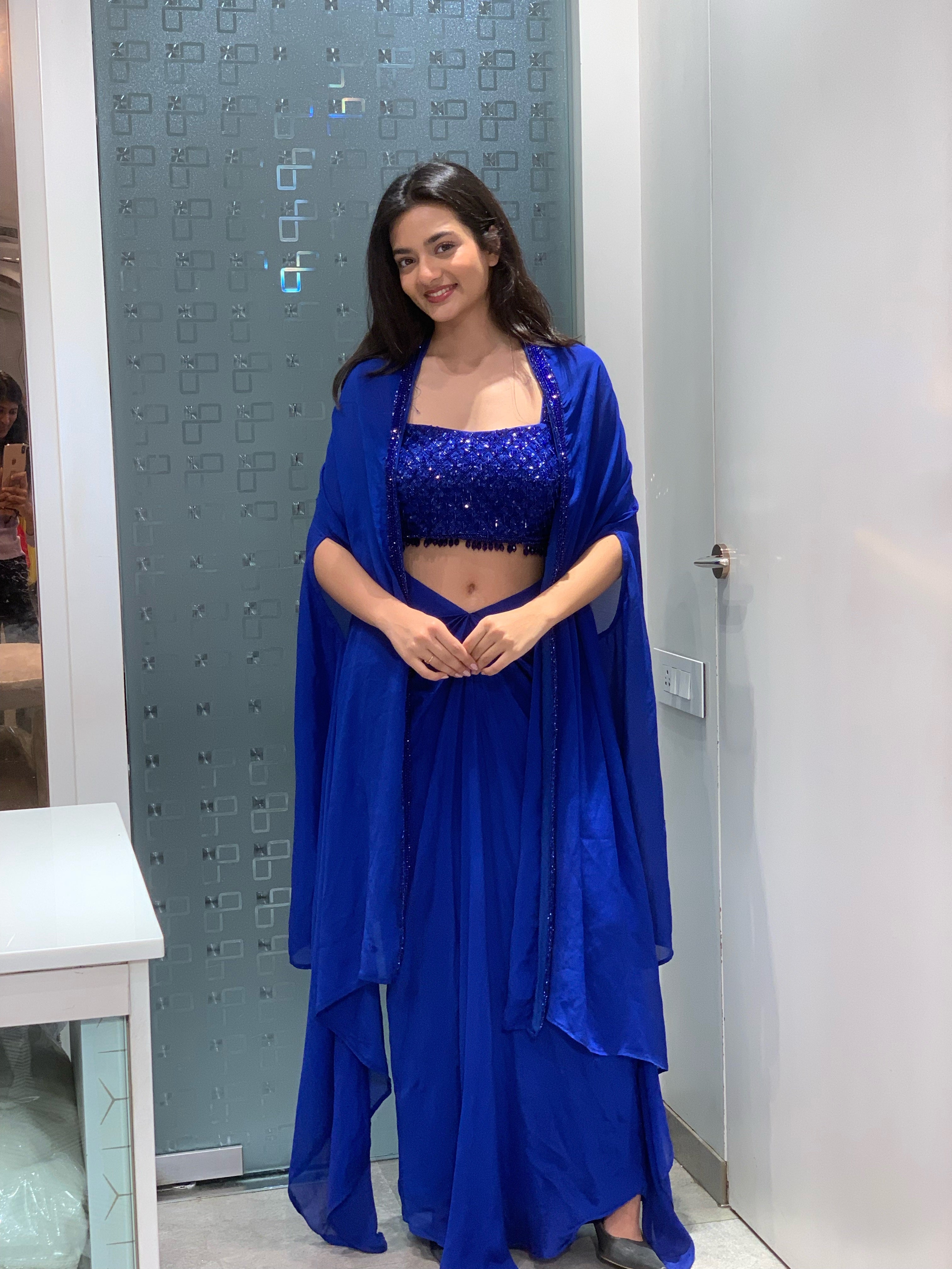 Blue & Black Georgette Bead Embellished Crop Top, Drape Skirt & Cape Indo Western Set