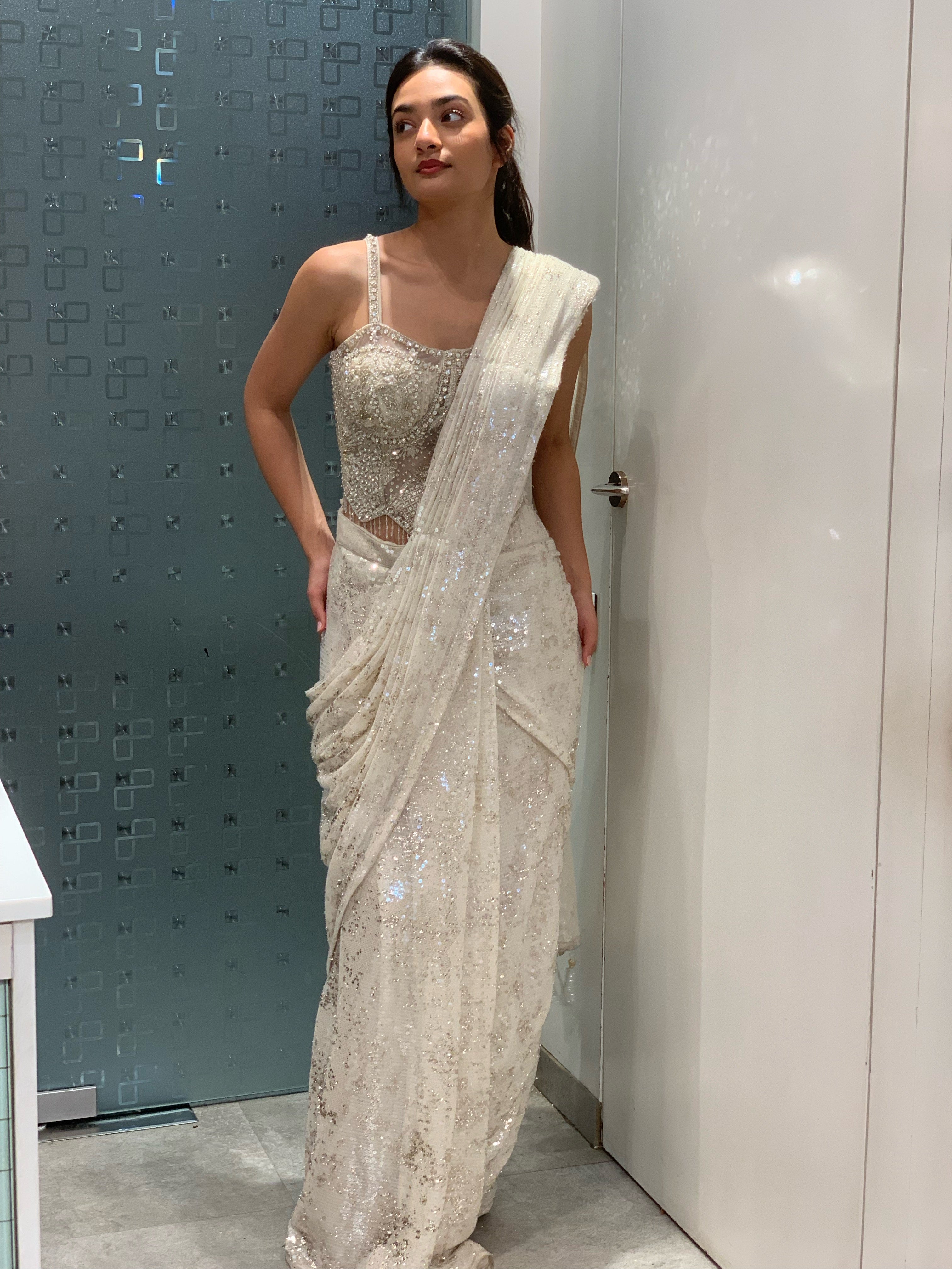 White Net Corset Blouse & Drape Saree