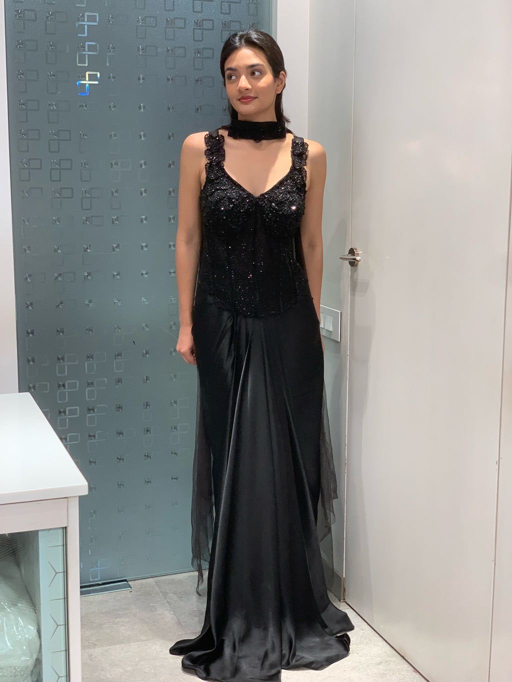 Black Satin Corset Blouse & Drape Skirt Indo Western Set
