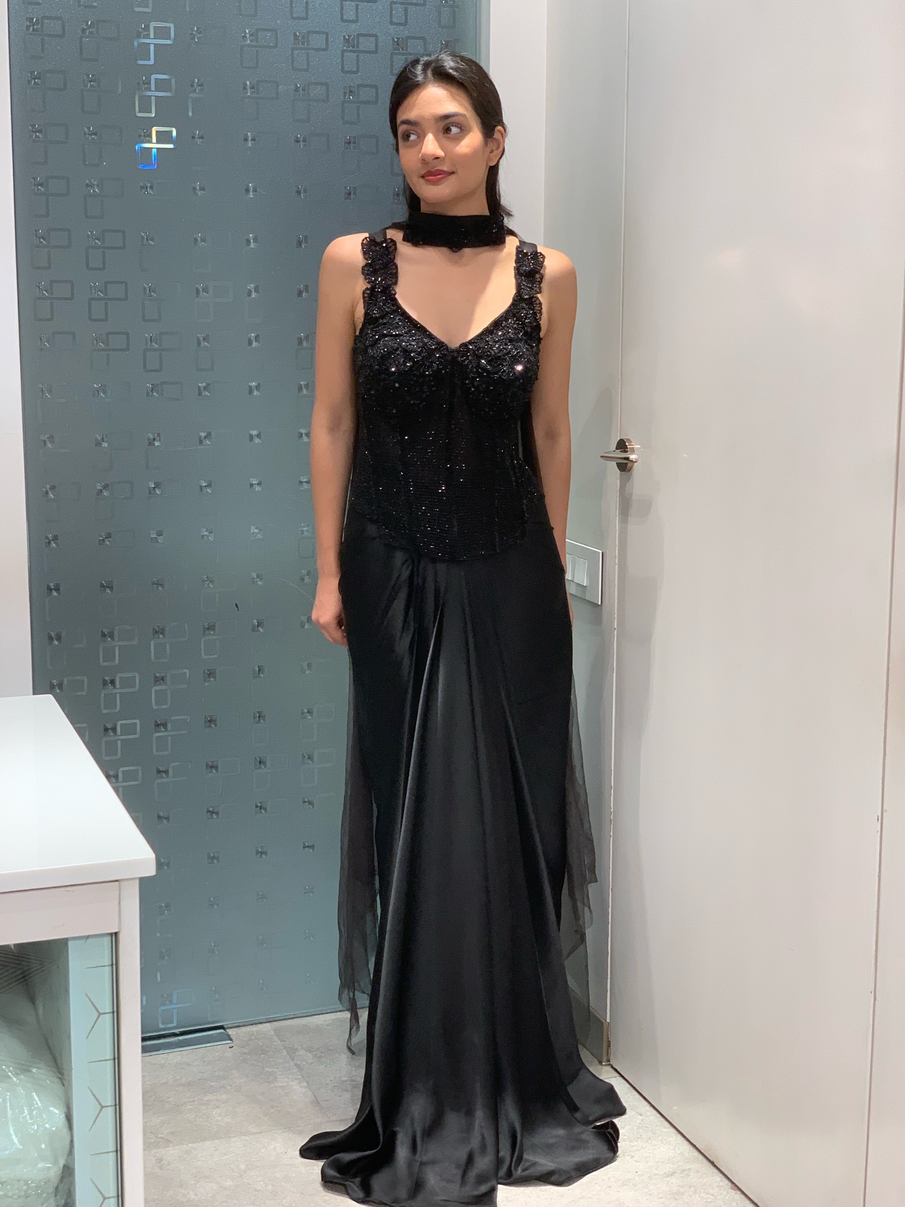 Black Satin Corset Blouse & Drape Skirt Indo Western Set