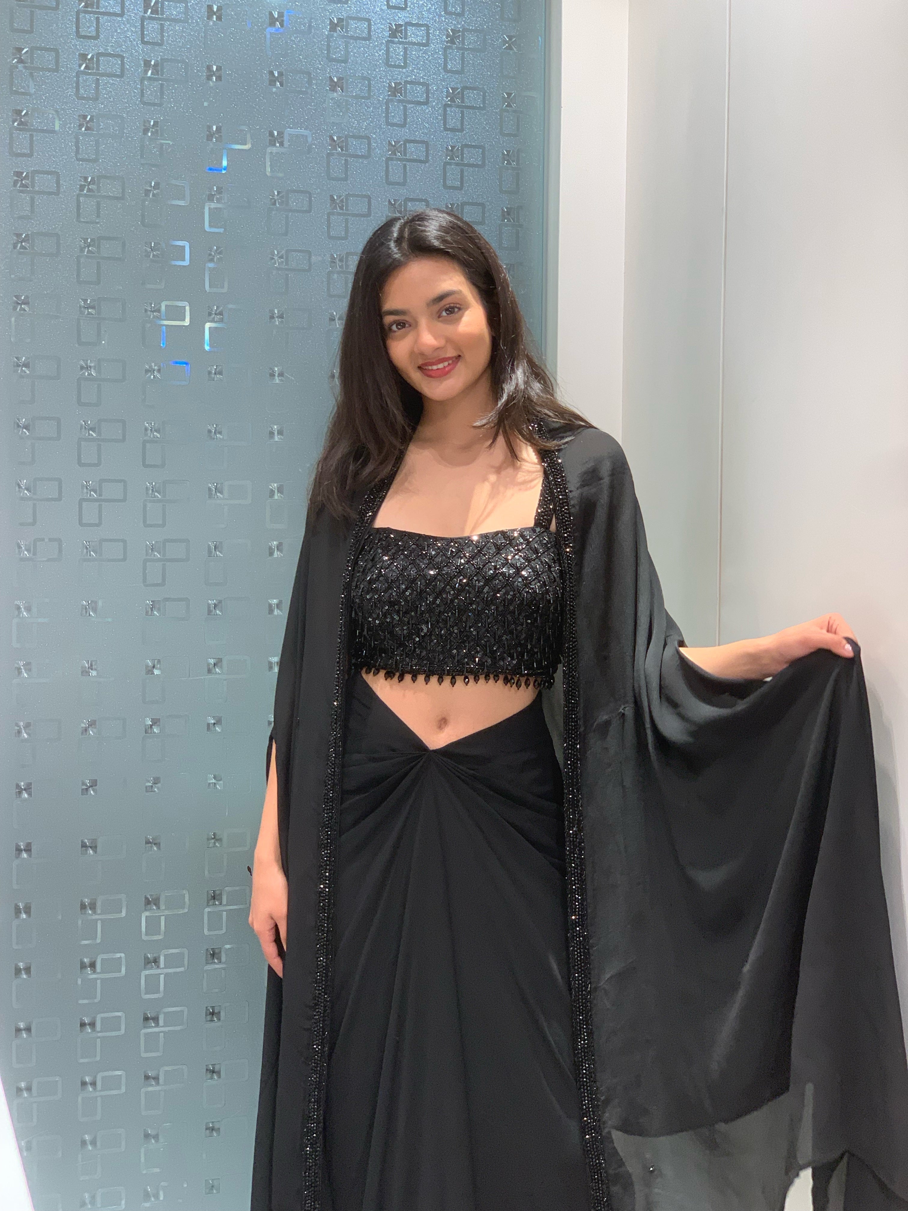 Blue & Black Georgette Bead Embellished Crop Top, Drape Skirt & Cape Indo Western Set