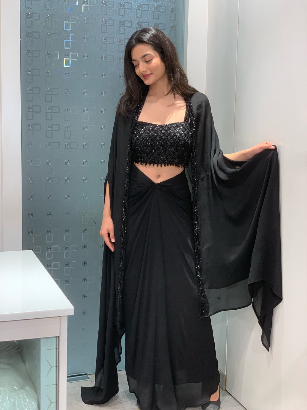Blue & Black Georgette Bead Embellished Crop Top, Drape Skirt & Cape Indo Western Set