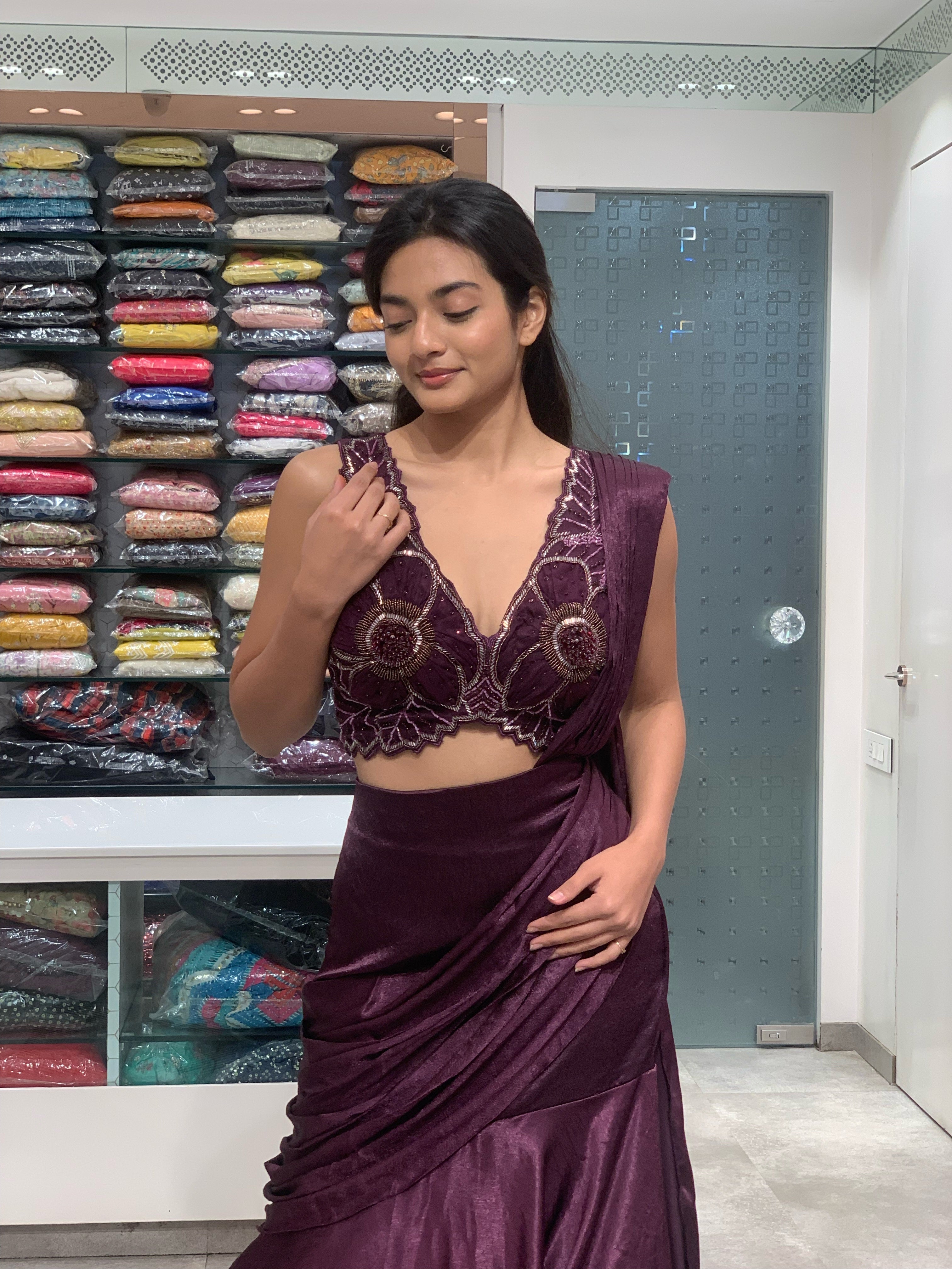 Wine Satin Silk Fish Cut Lehenga with Drape