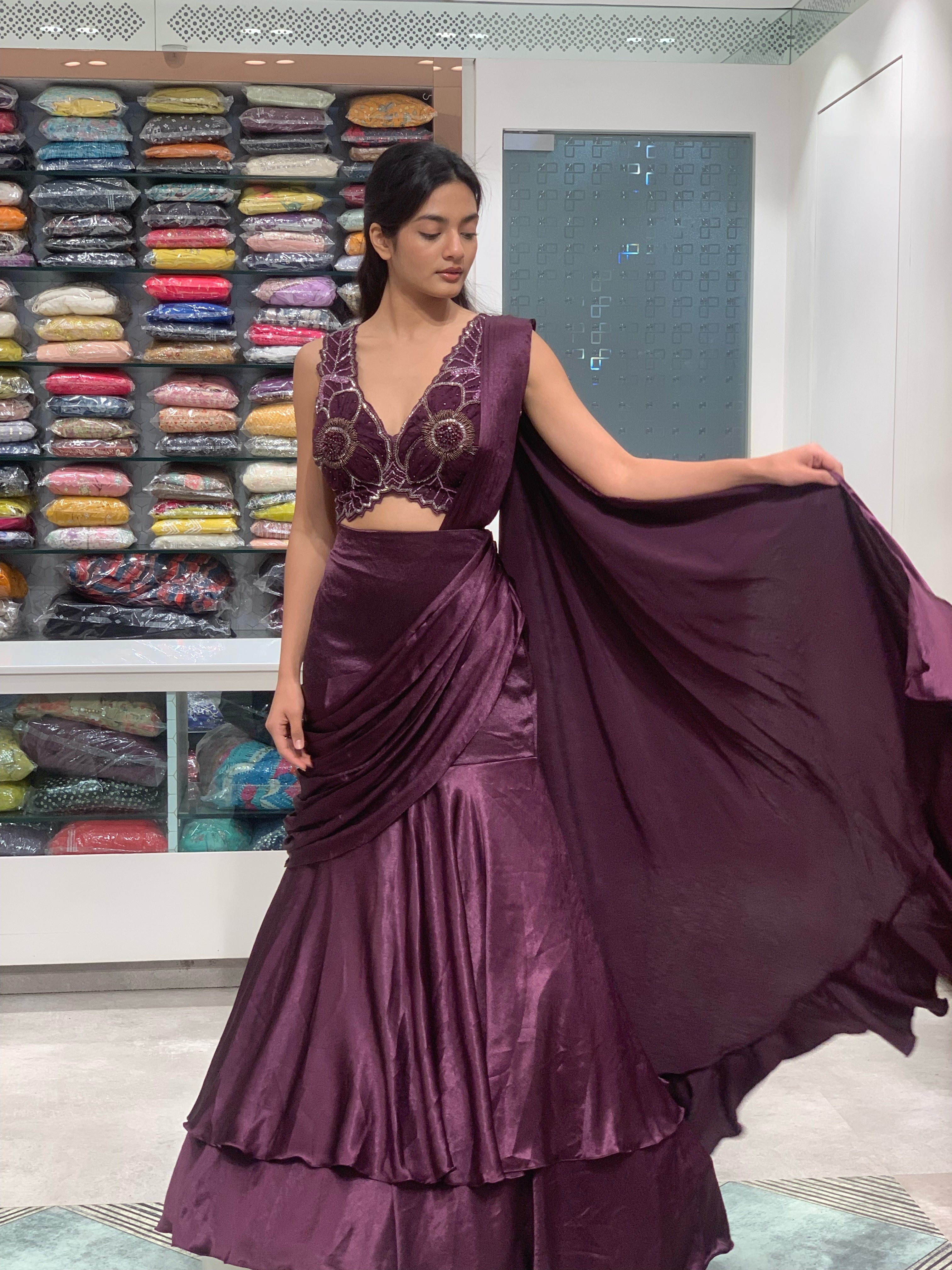 Wine Satin Silk Fish Cut Lehenga with Drape