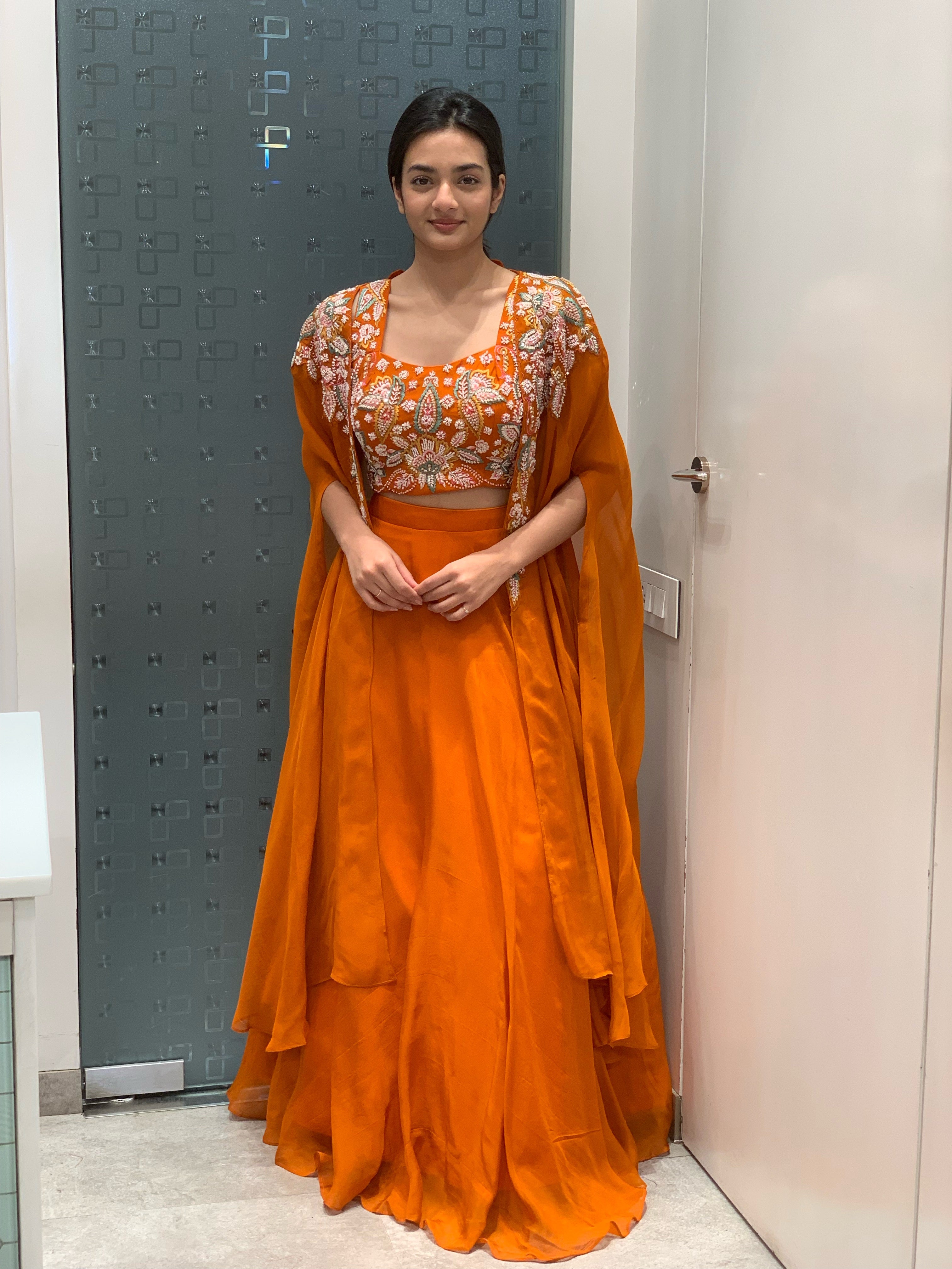 Orange Satin Crop Top Cape & Lehenga Set