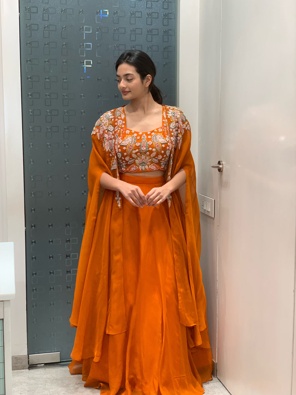 Orange Satin Crop Top Cape & Lehenga Set