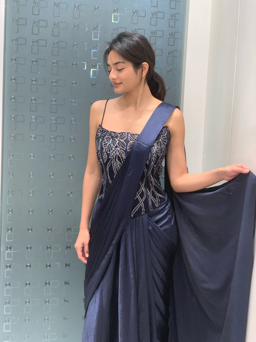 Blue Satin Embellished Tube Blouse & Drape Saree