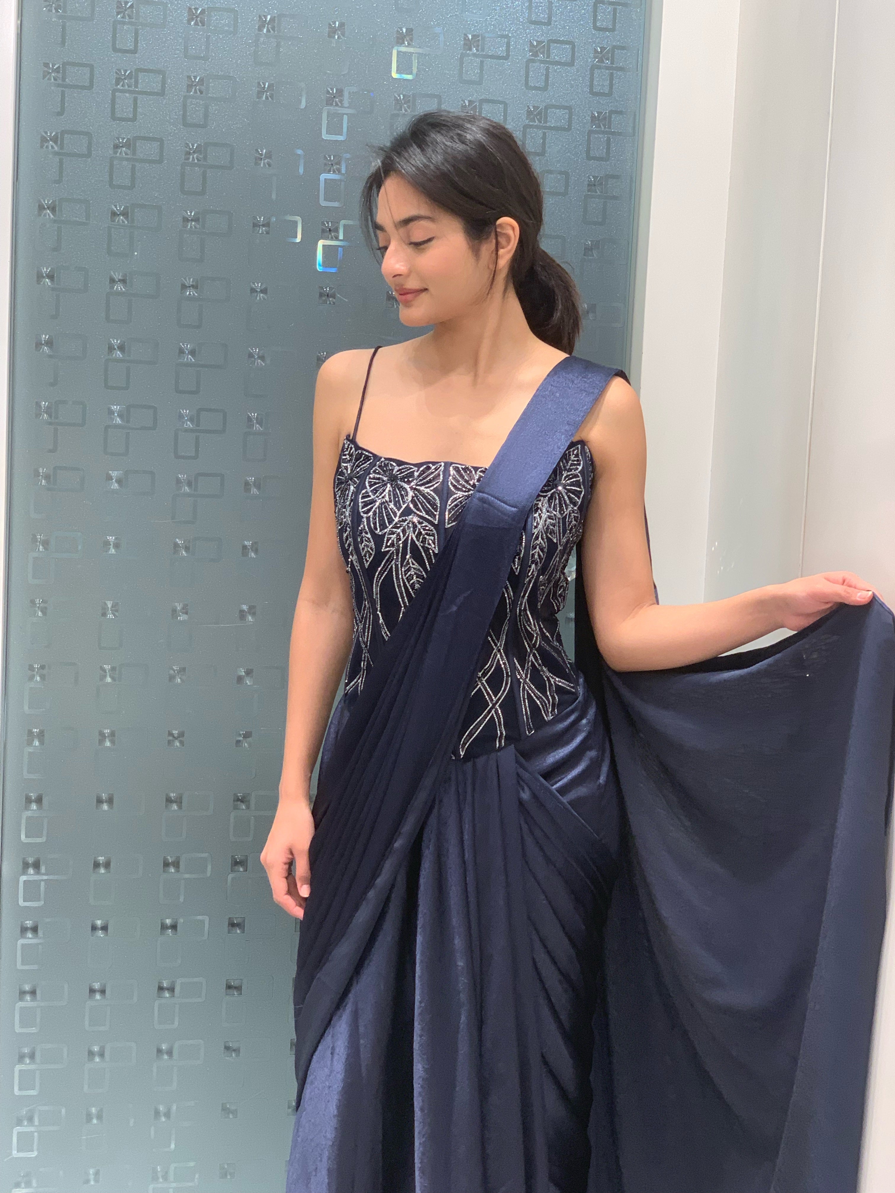 Blue Satin Embellished Tube Blouse & Drape Saree