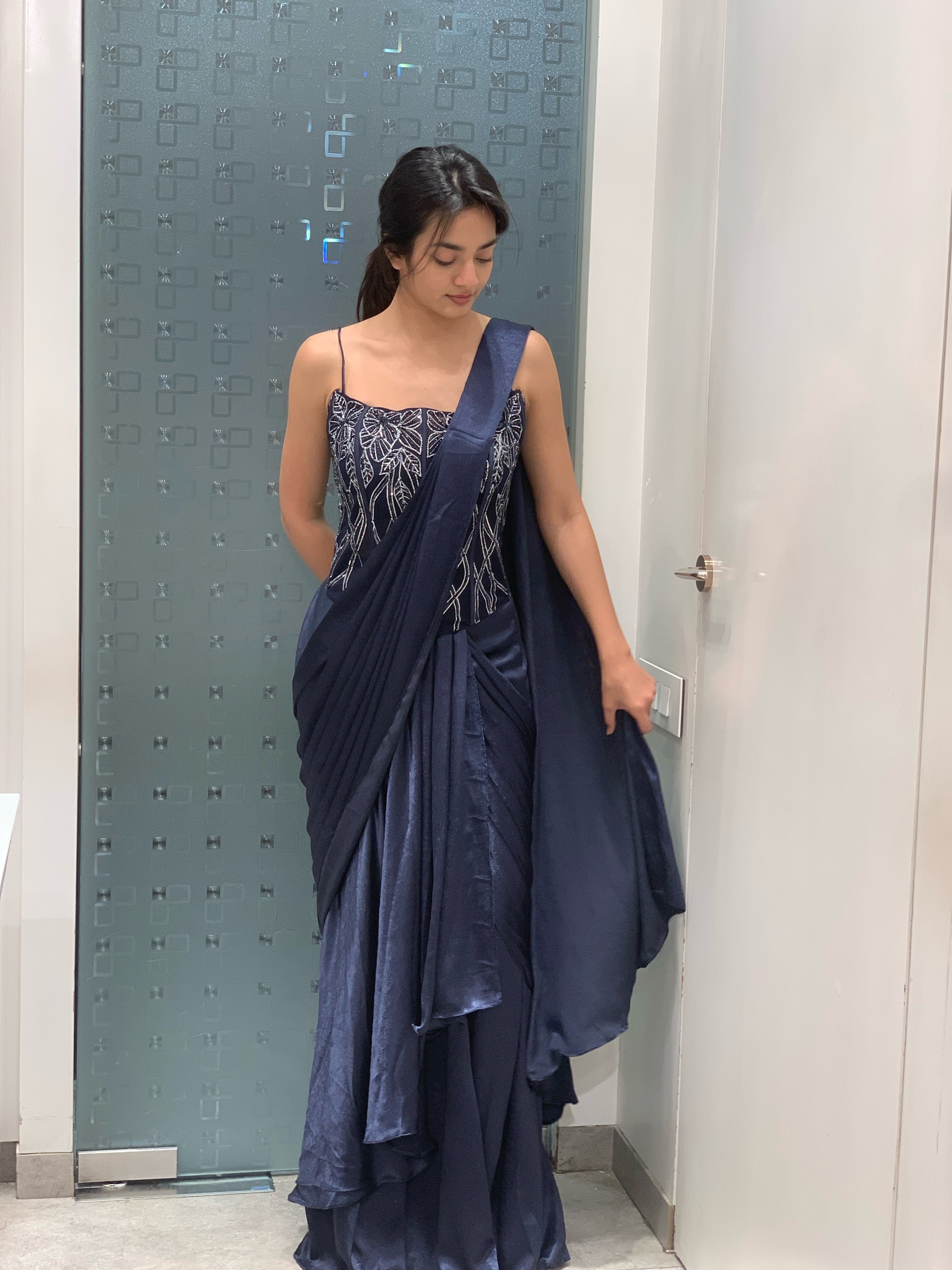 Blue Satin Embellished Tube Blouse & Drape Saree