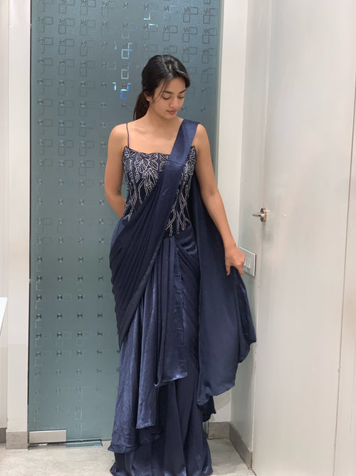 Blue Satin Embellished Tube Blouse & Drape Saree