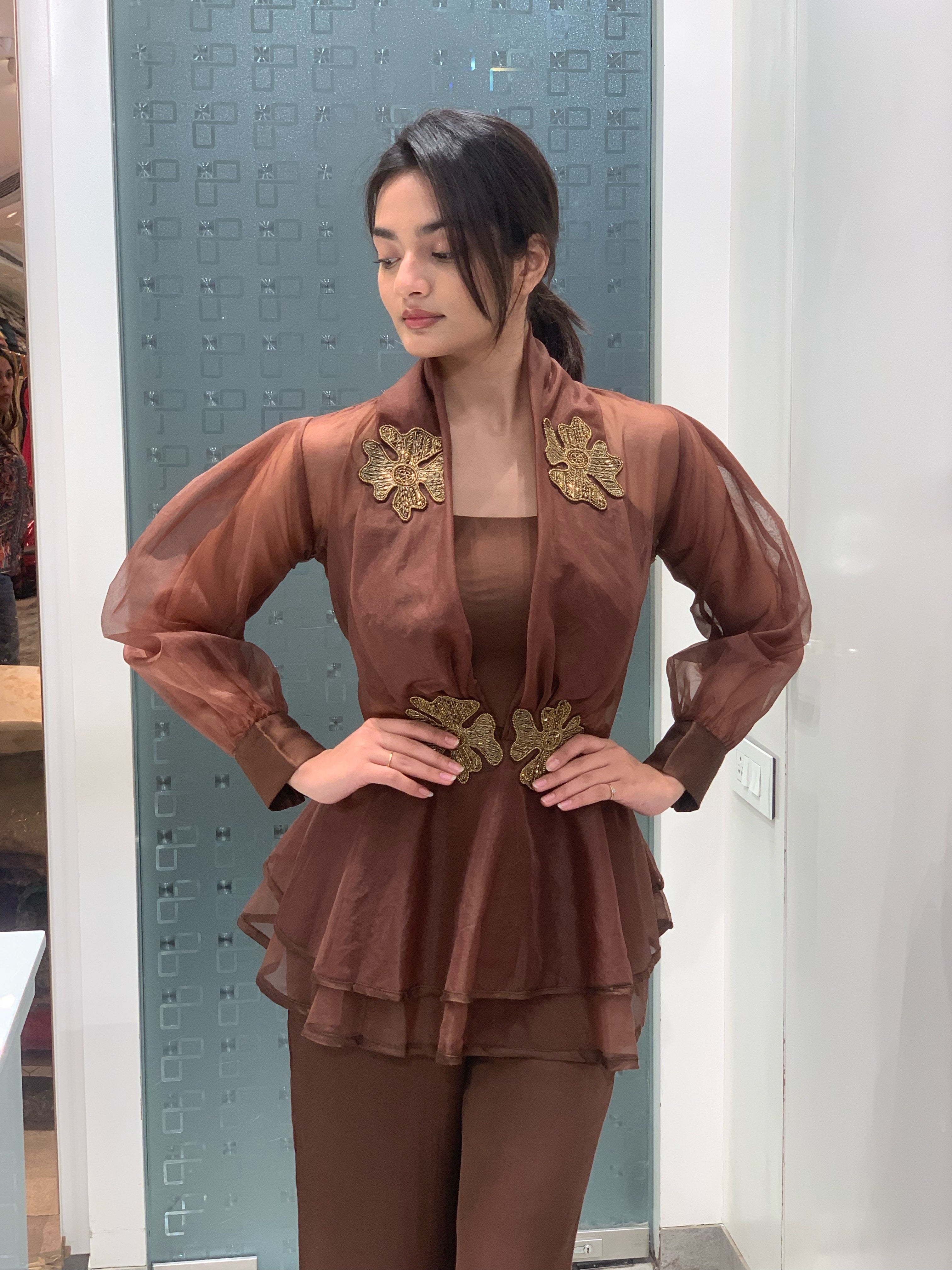 Mocha Soft Organza Flower Motif Jacket, Crop Top & Satin Pants Co-ord Set