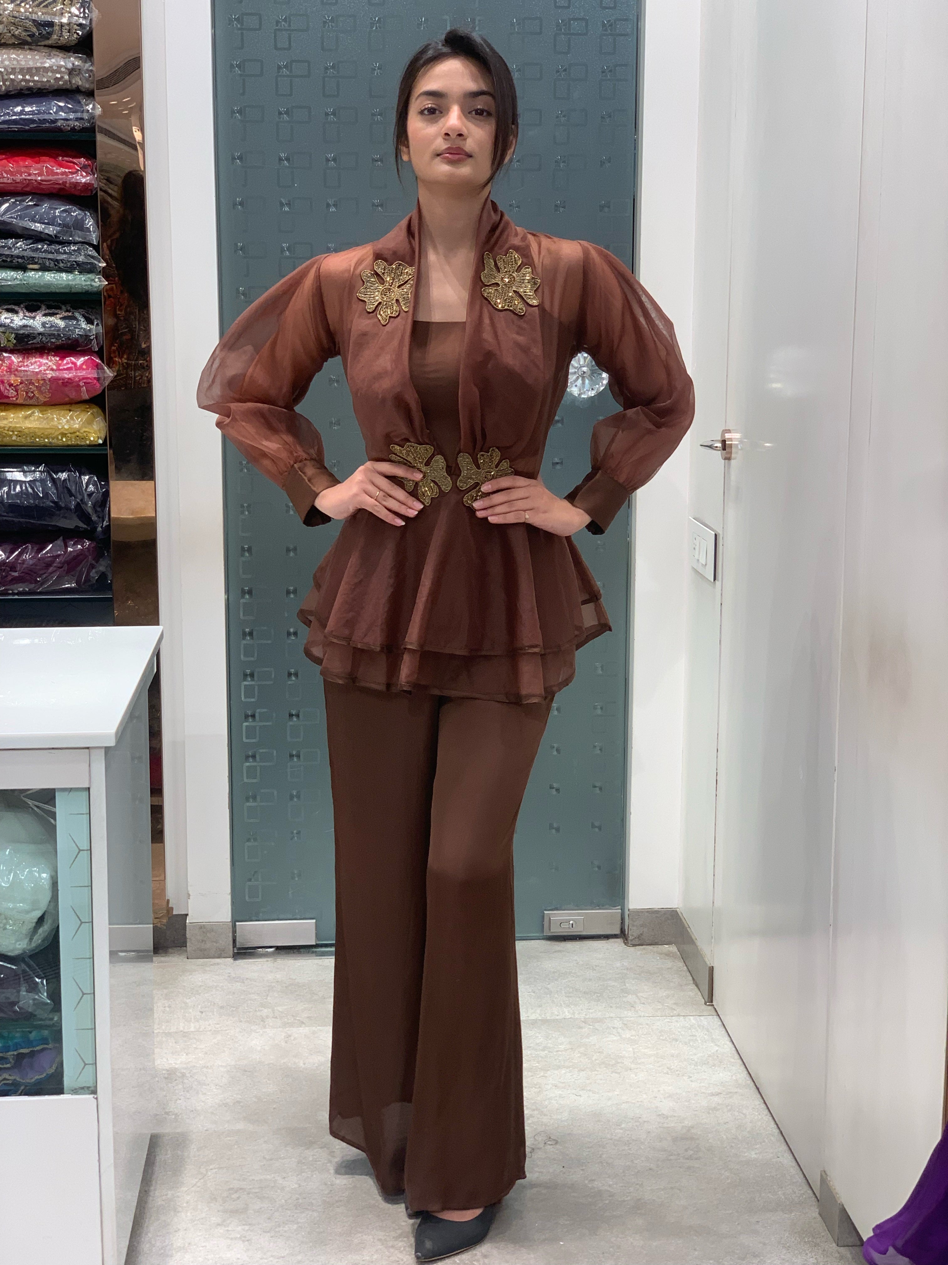 Mocha Soft Organza Flower Motif Jacket, Crop Top & Satin Pants Co-ord Set
