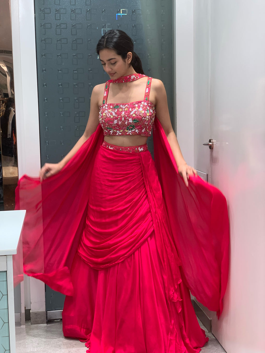 Pink Georgette Crop Top & Hip Cut Lehenga