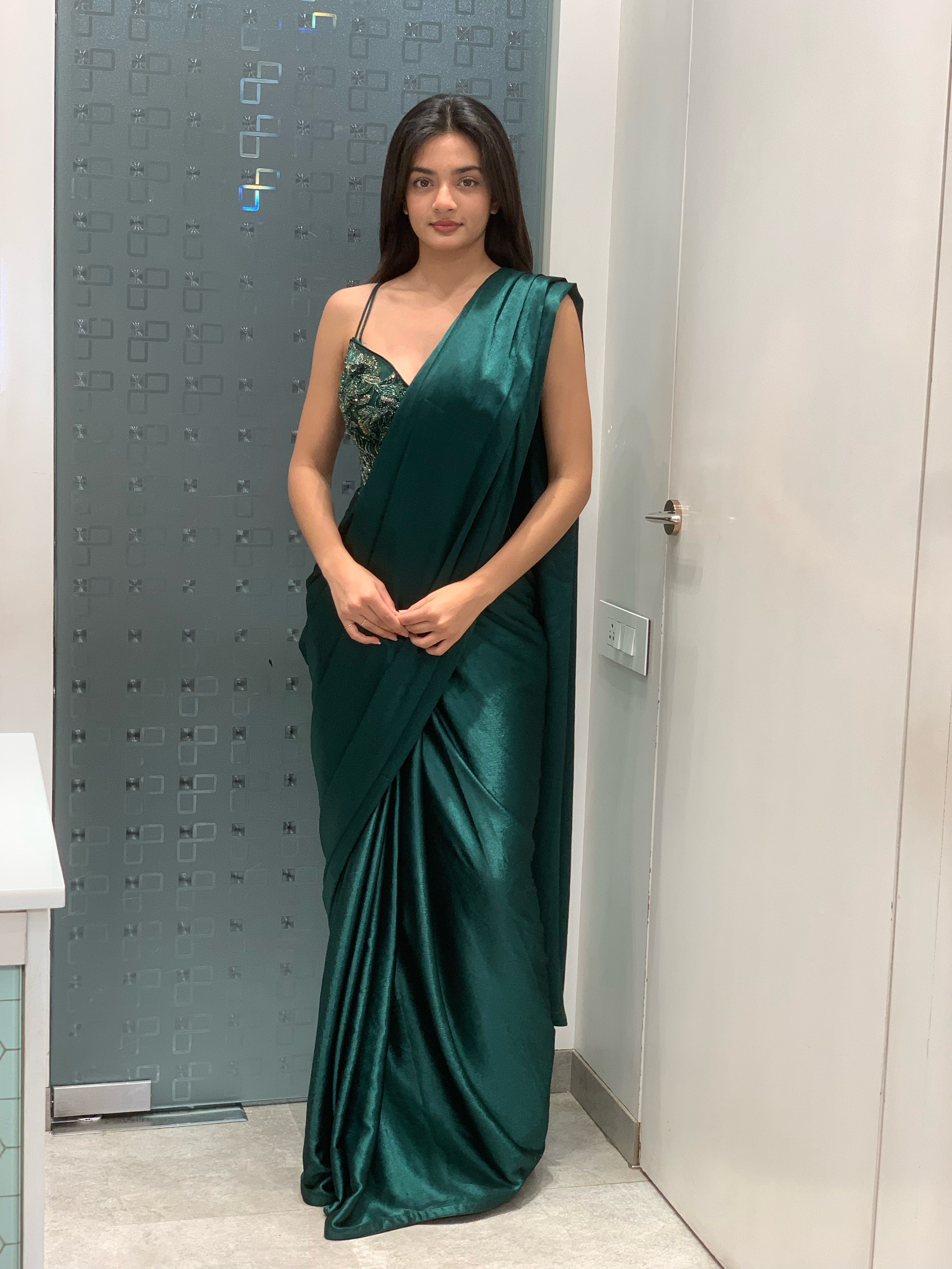 Green Satin Corset Blouse & Drape Saree