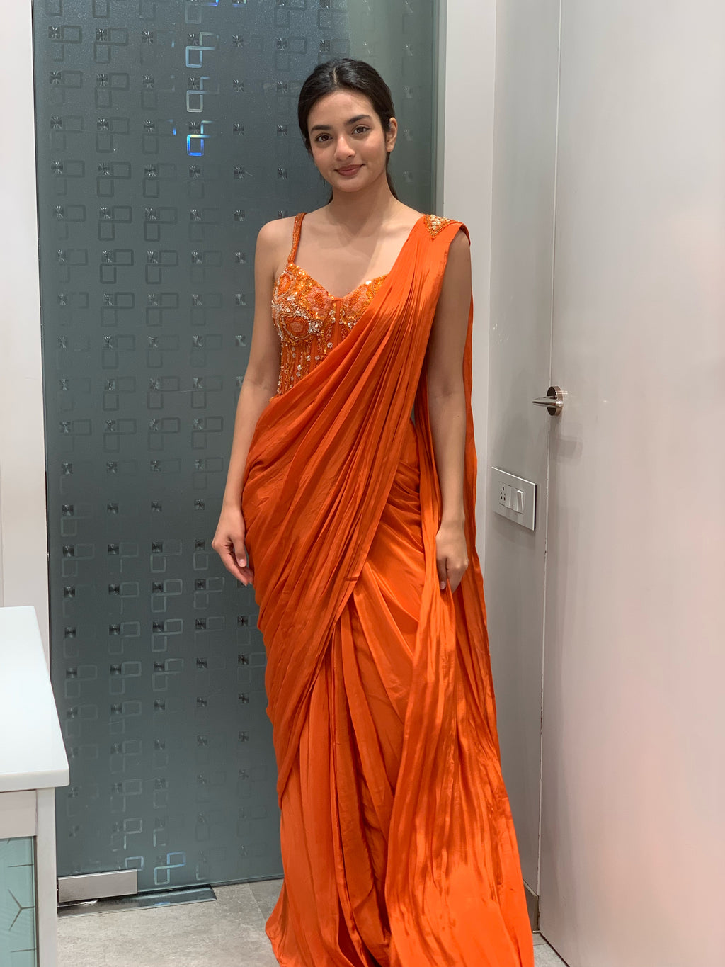 Orange Satin Corset Top & Drape Saree