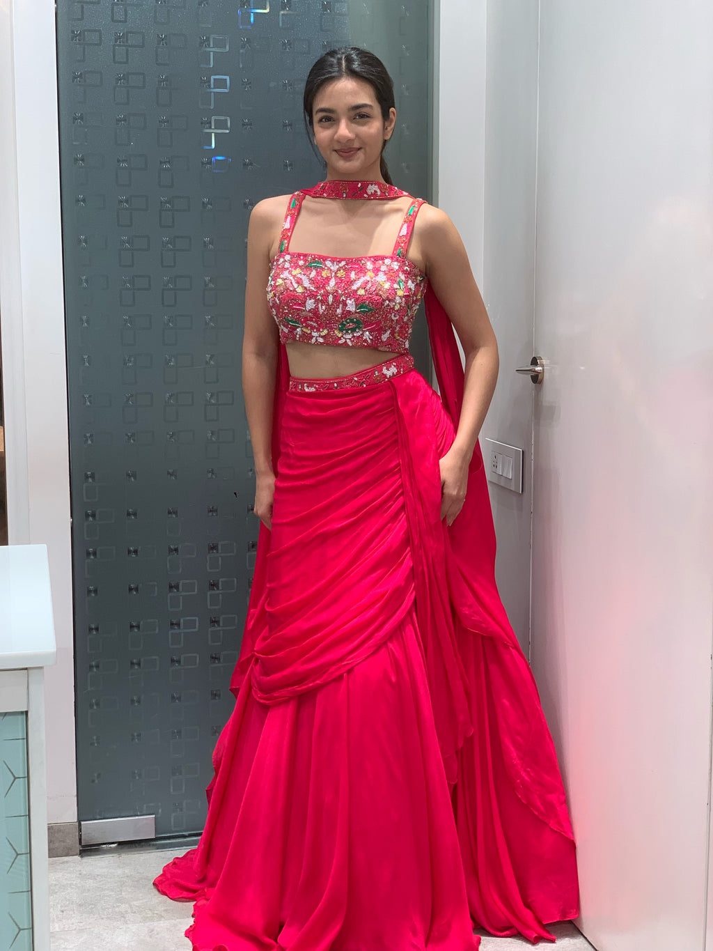 Pink Georgette Crop Top & Hip Cut Lehenga