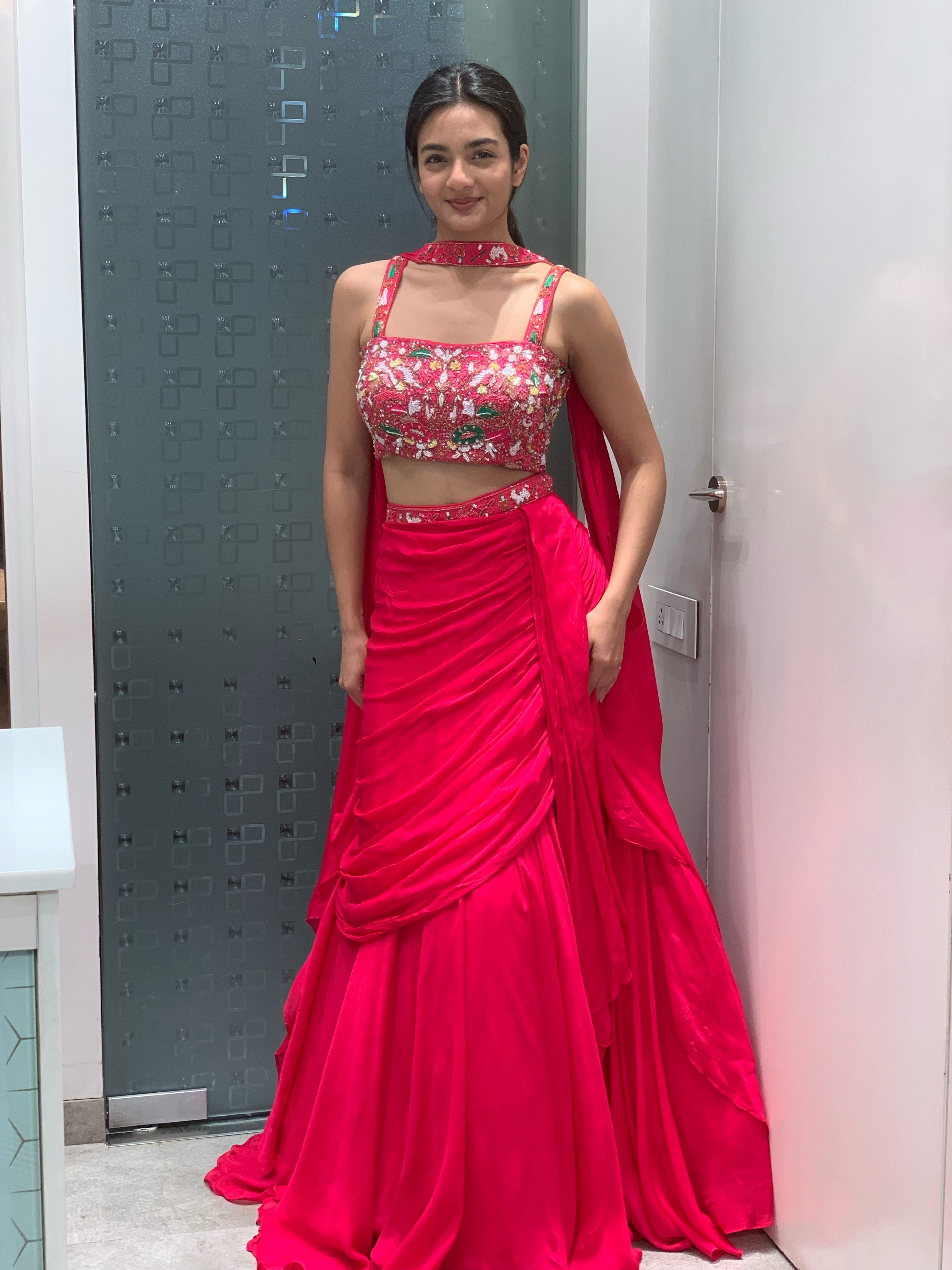 Pink Georgette Crop Top & Hip Cut Lehenga