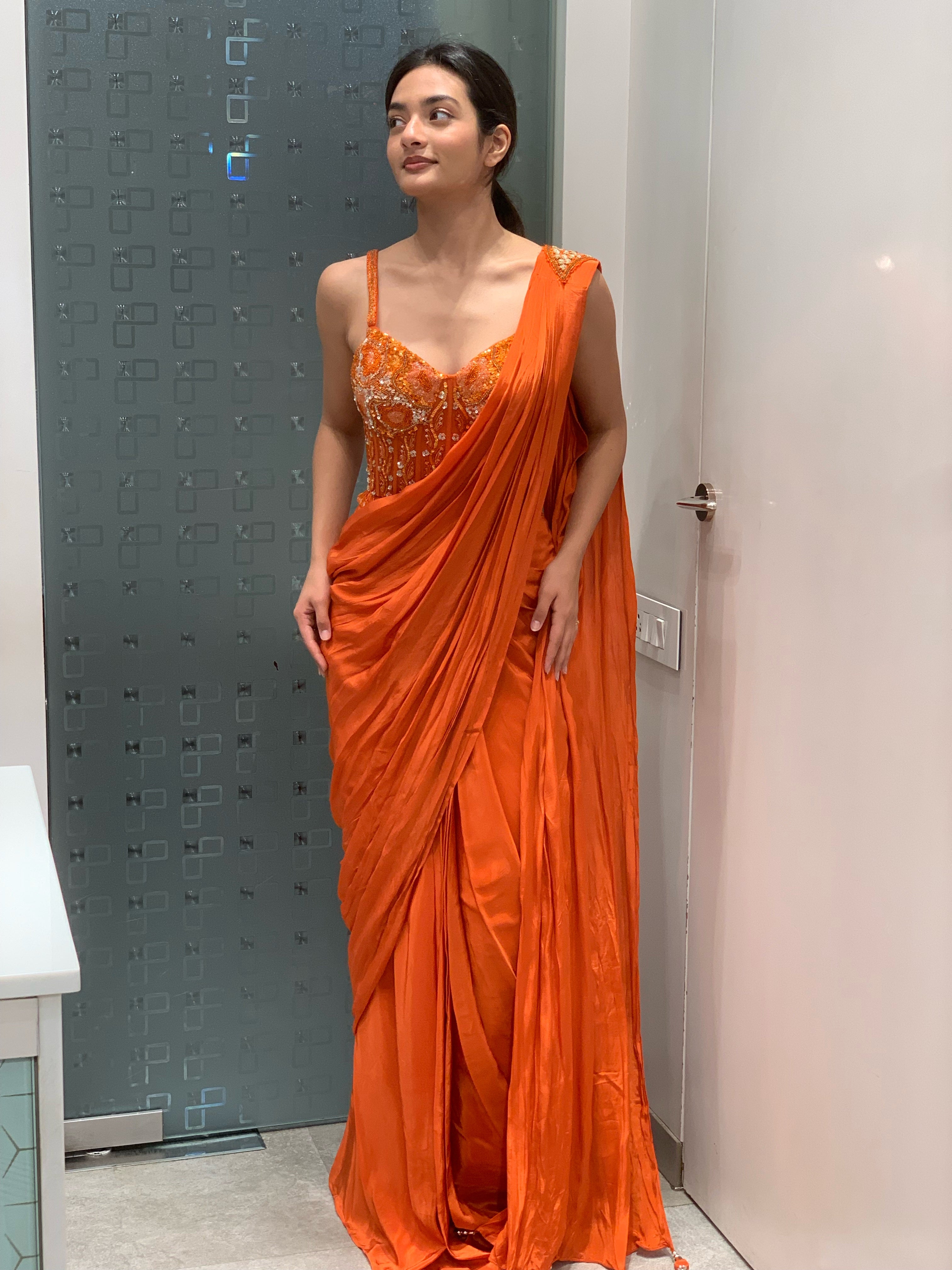 Orange Satin Corset Top & Drape Saree