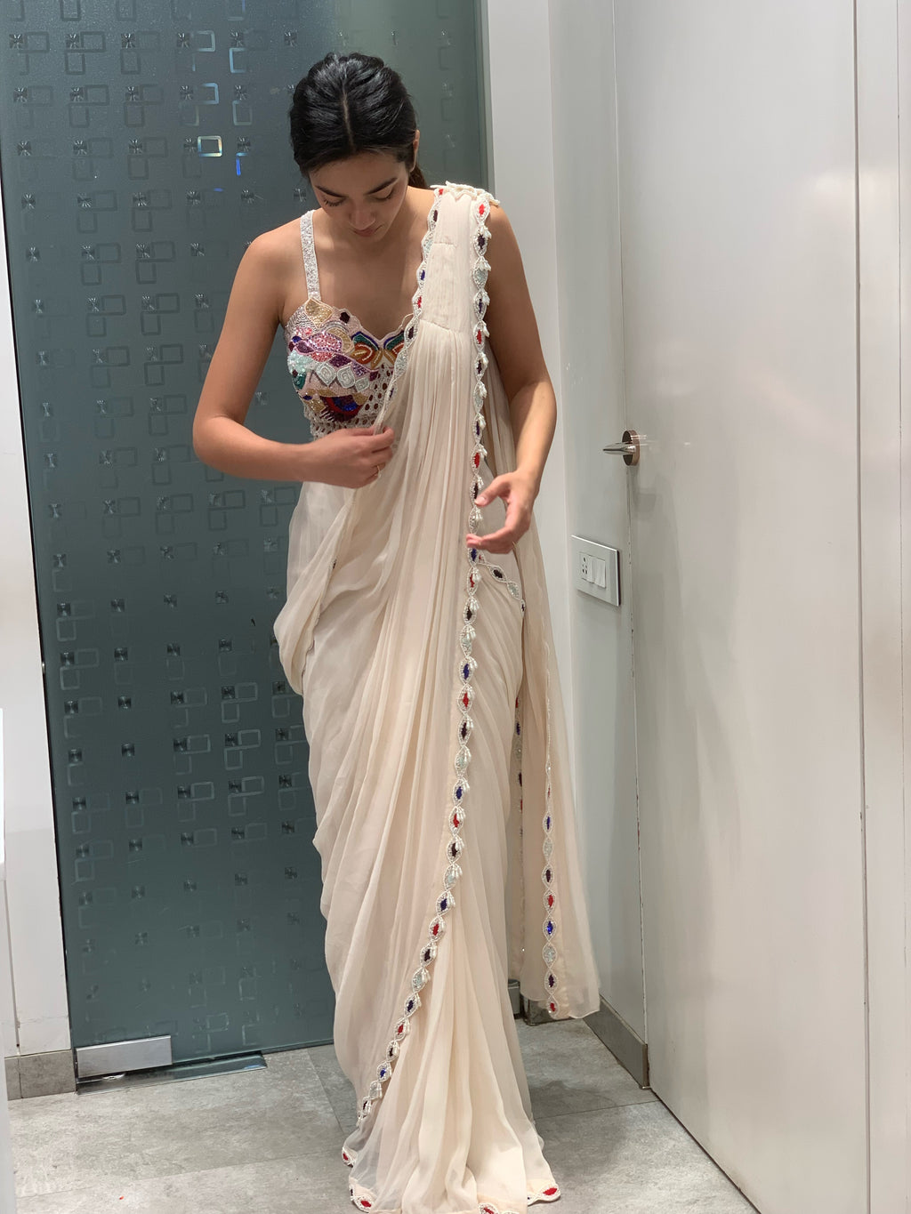 White Georgette Multi Colour Work & Cut Work Detail Blouse & Drape Saree