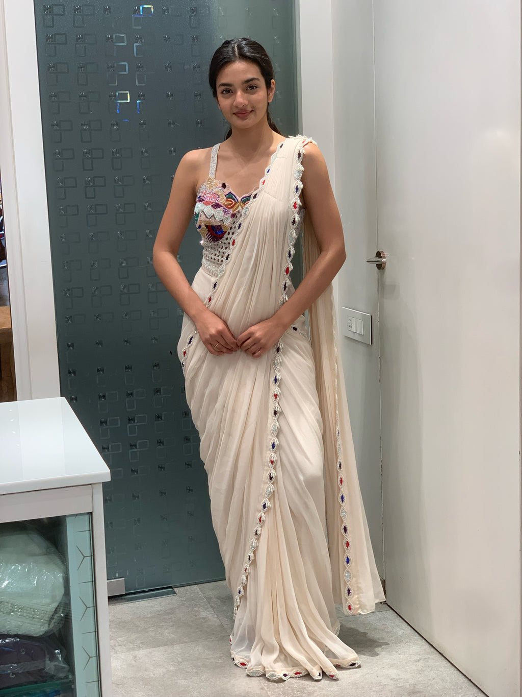 White Georgette Multi Colour Work & Cut Work Detail Blouse & Drape Saree