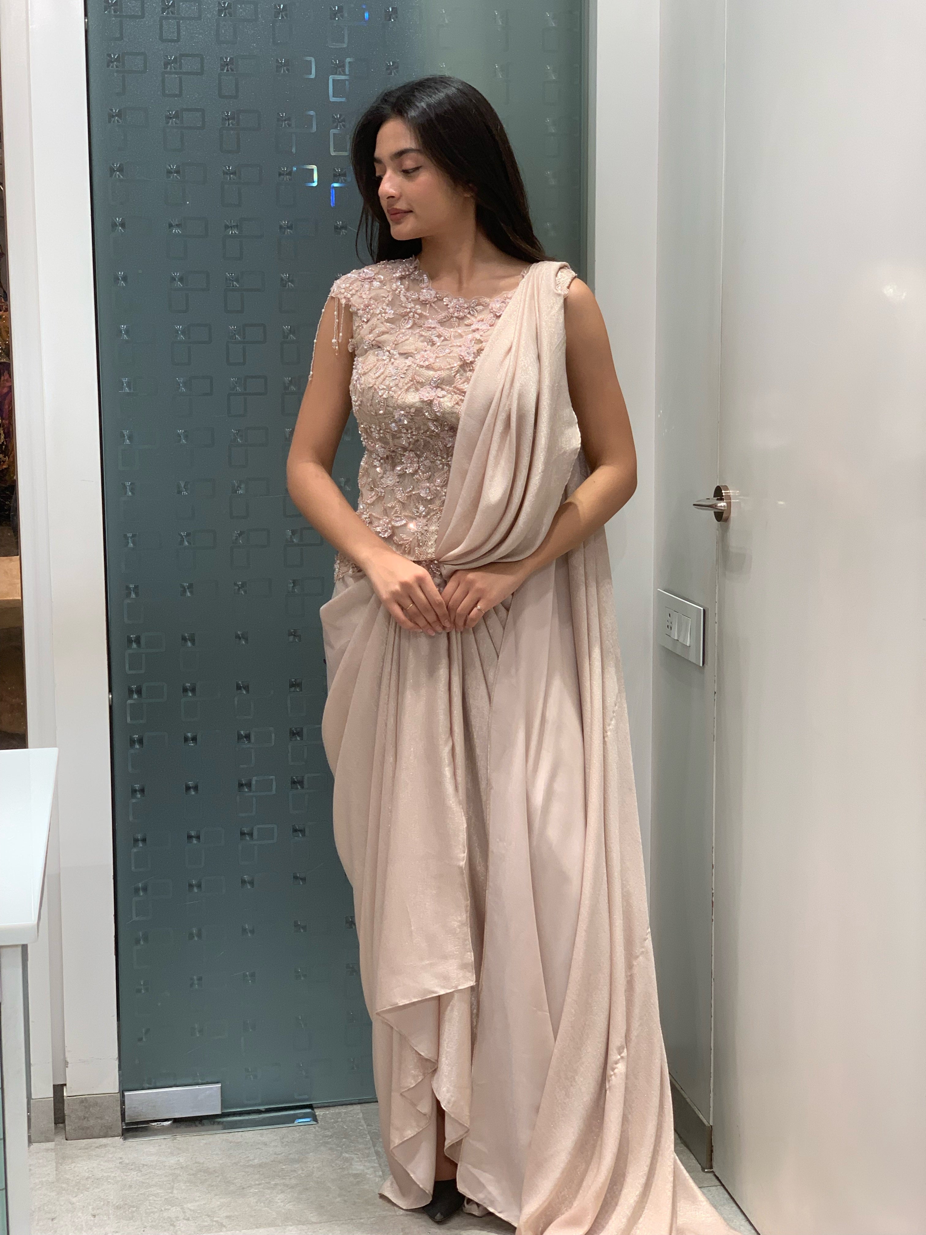 Soft Pink Net Embroidered Long Top & Drape Skirt Indo Western Set