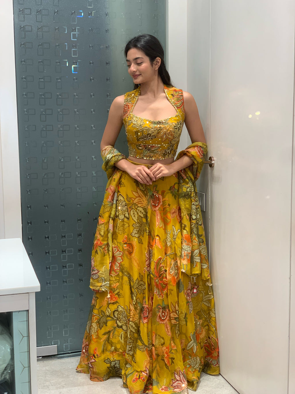 Yellow Soft Organza Crop Top & Lehenga
