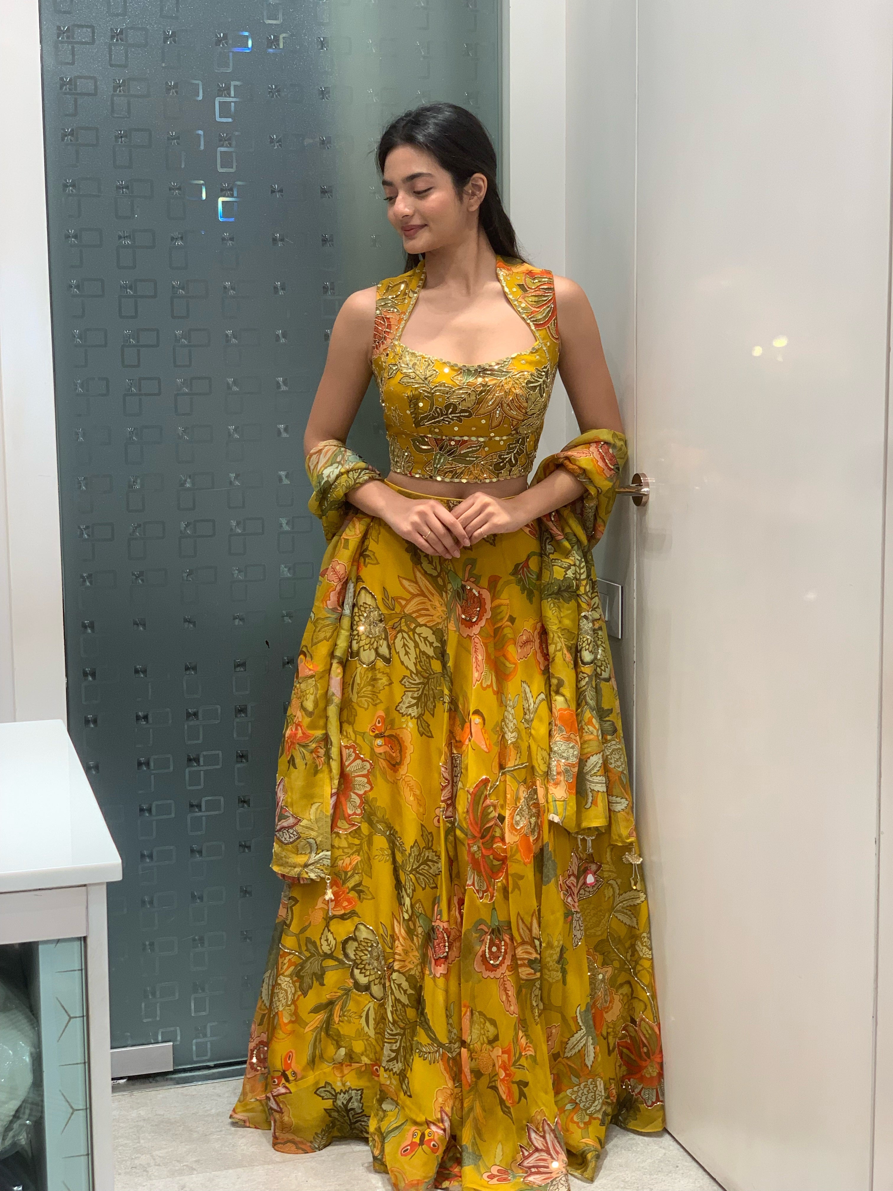 Yellow Soft Organza Crop Top & Lehenga