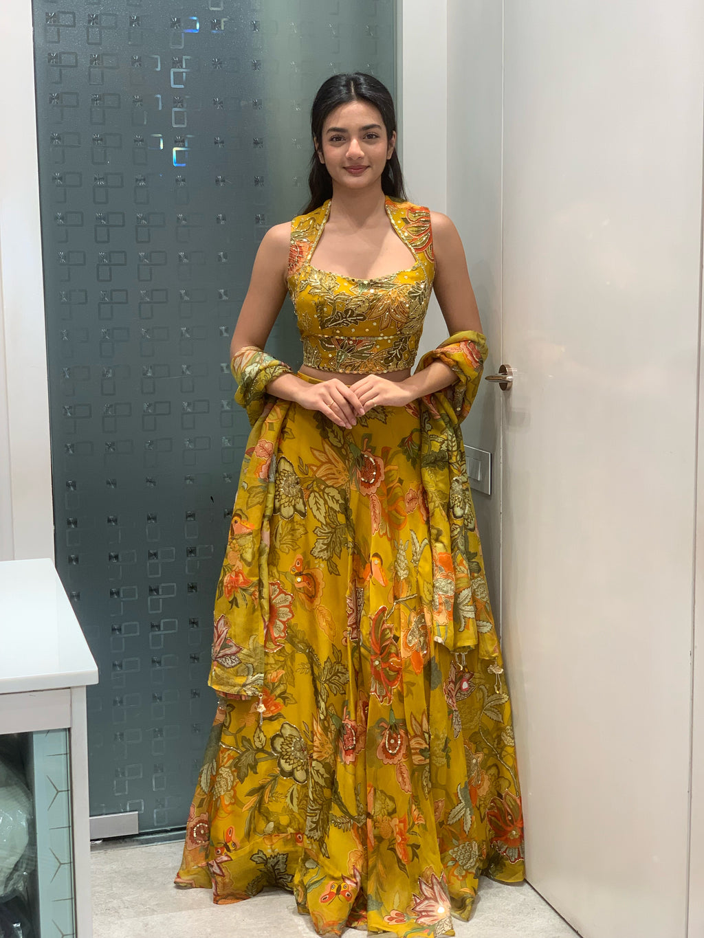 Yellow Soft Organza Crop Top & Lehenga