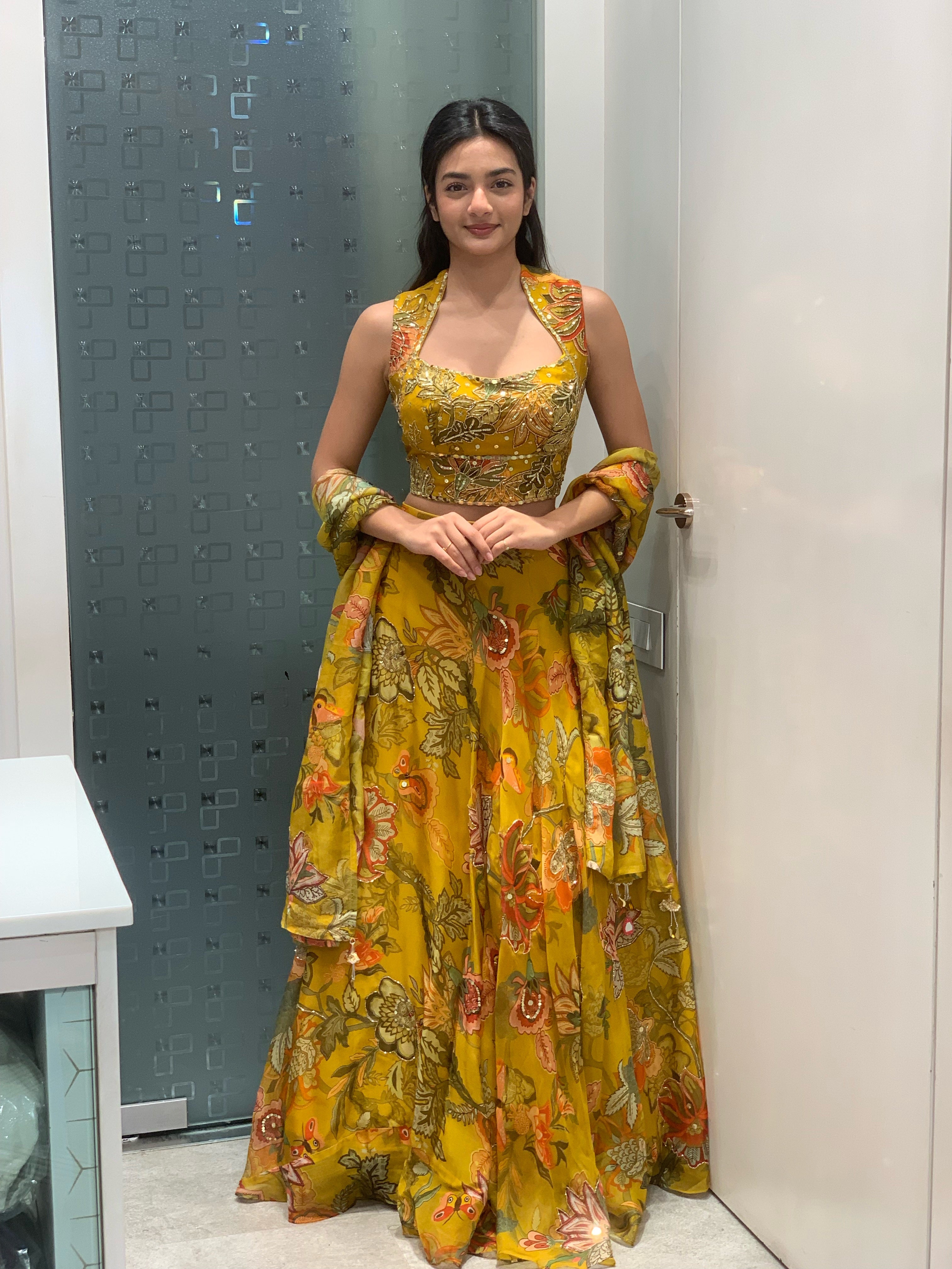 Yellow Soft Organza Crop Top & Lehenga