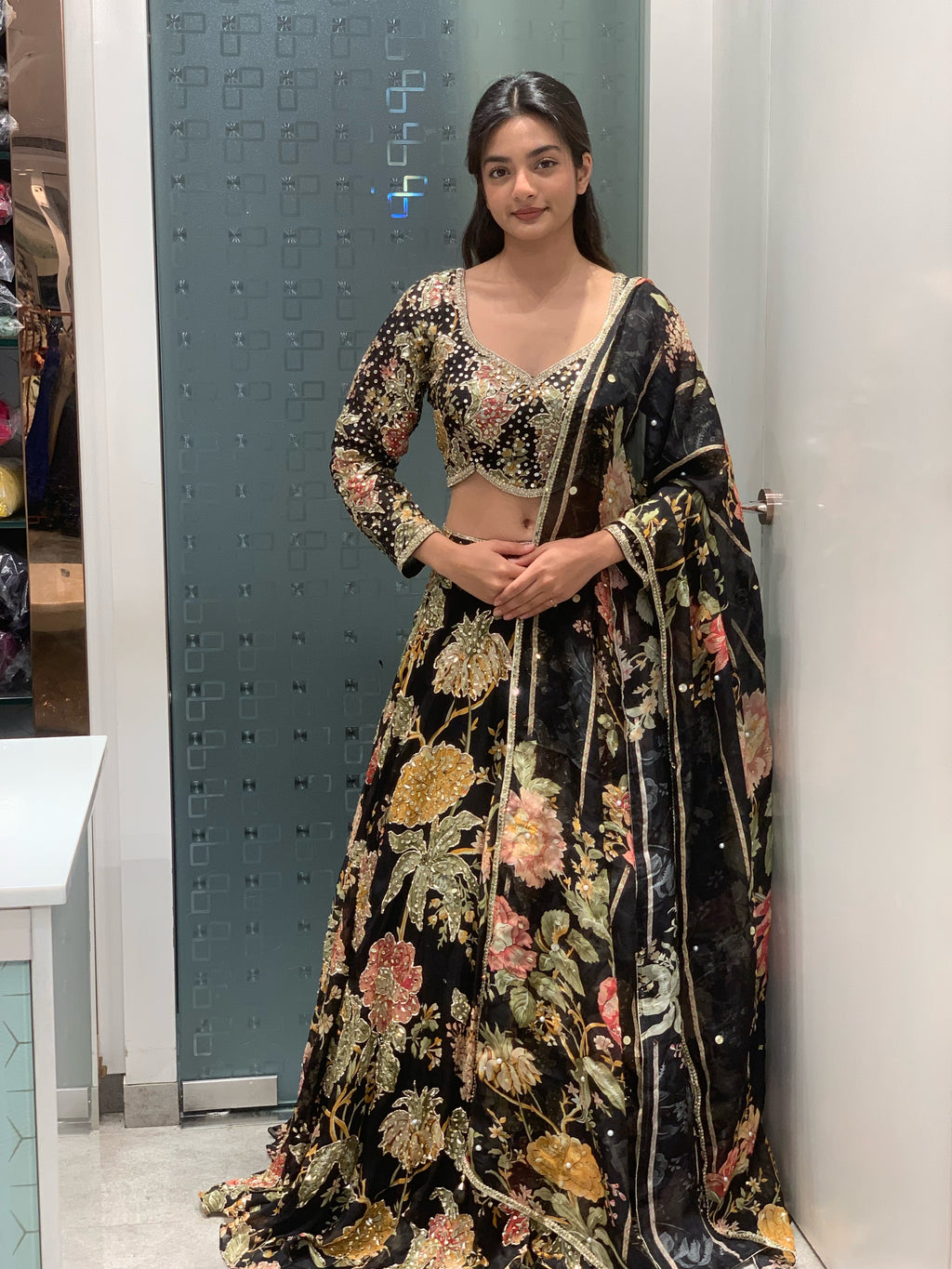 Black Georgette Complete Work Full Sleeve Blouse & Lehenga