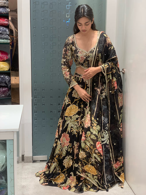 Black Georgette Complete Work Full Sleeve Blouse & Lehenga