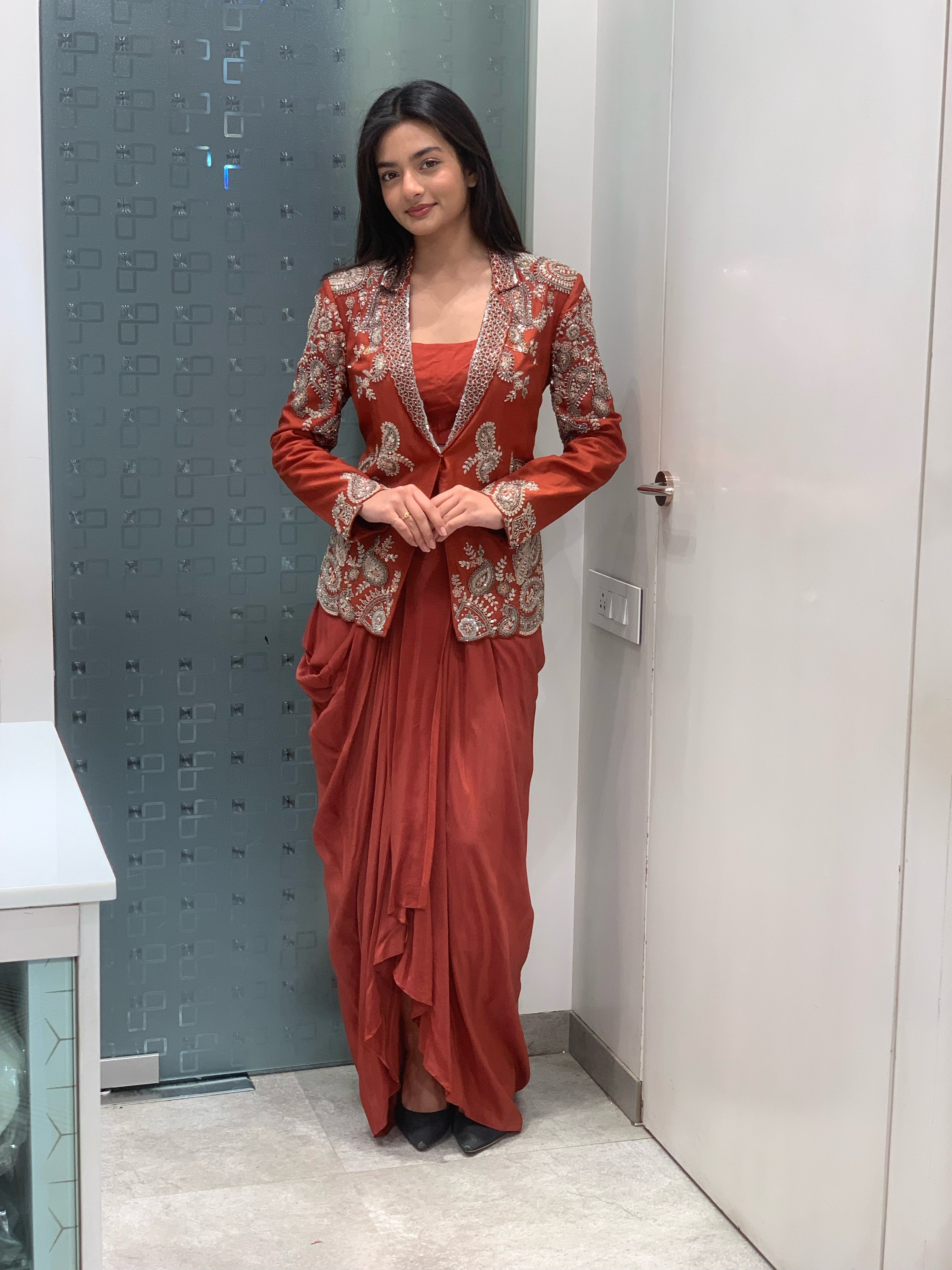 Orange Satin Silk & Raw Silk Complete Golden Handwork Blazer, Crop Top & Drape Skirt Indo Western Set