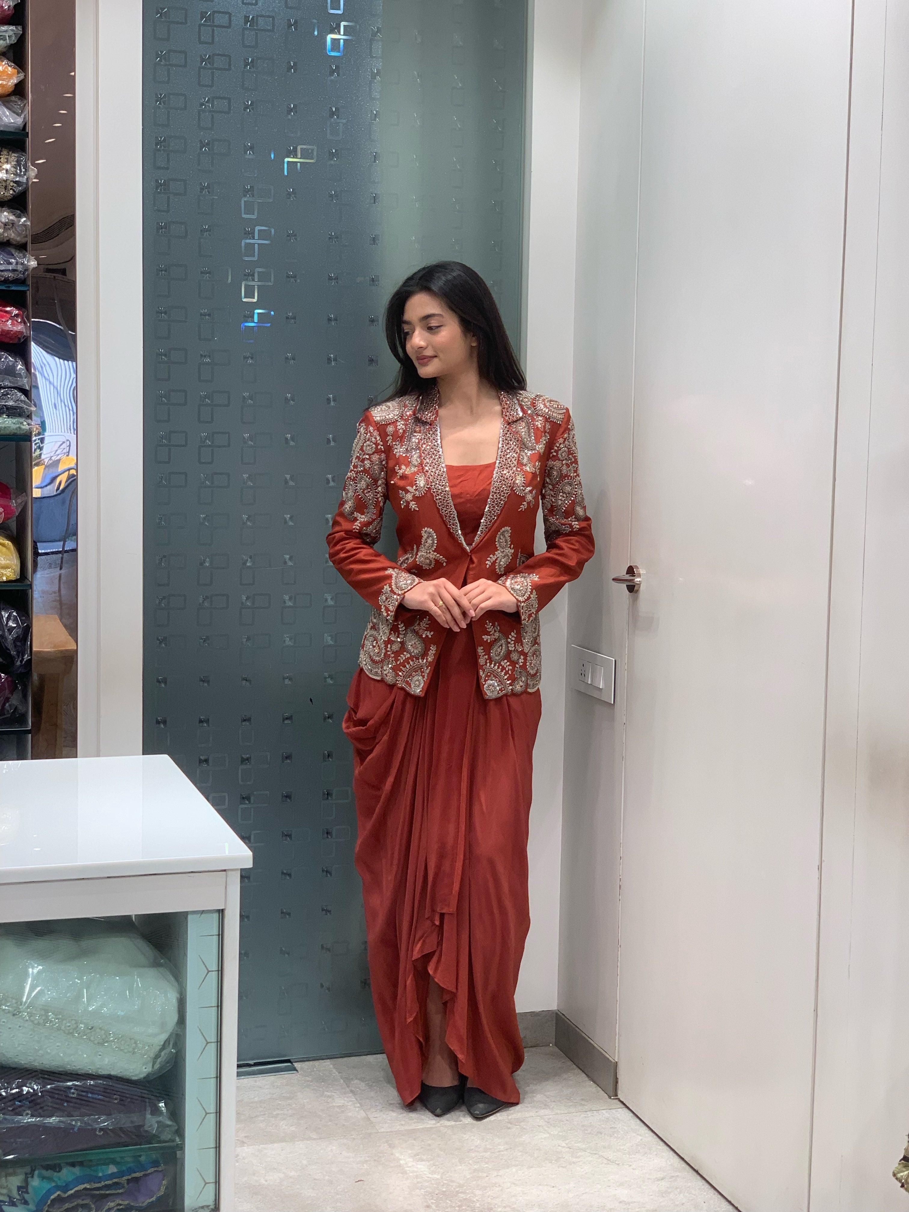 Orange Satin Silk & Raw Silk Complete Golden Handwork Blazer, Crop Top & Drape Skirt Indo Western Set