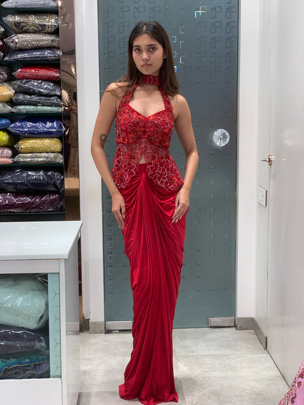 Red & Brown Satin Applique Work Halter Neck Top & Drape Skirt Indo Western Set