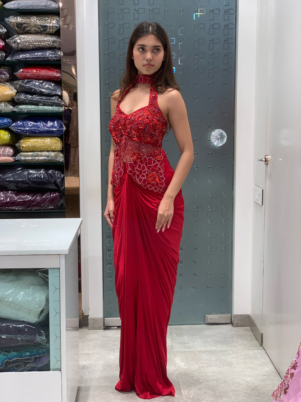 Red & Brown Satin Applique Work Halter Neck Top & Drape Skirt Indo Western Set
