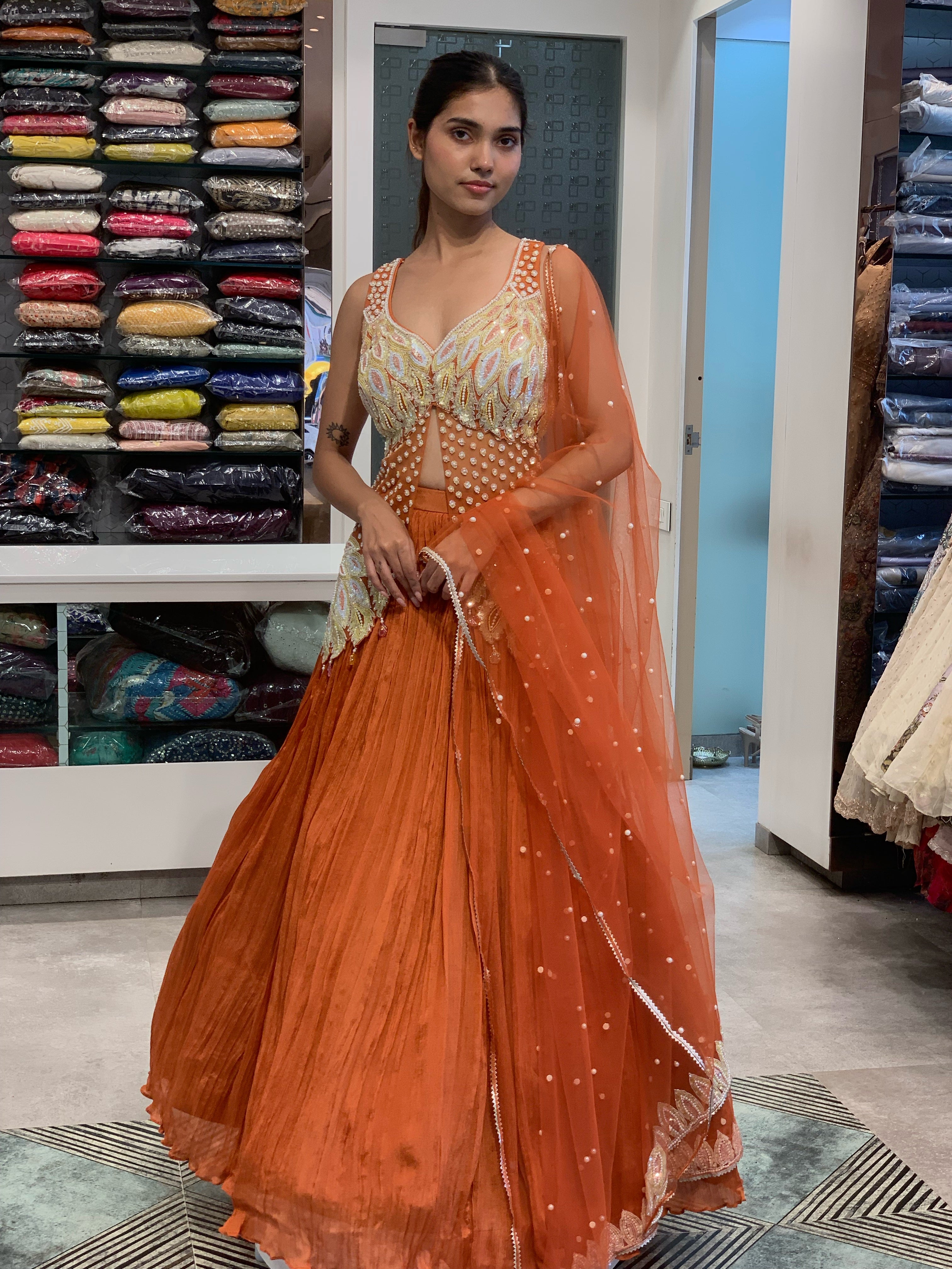 Orange Georgette Peplum Top & Lehenga