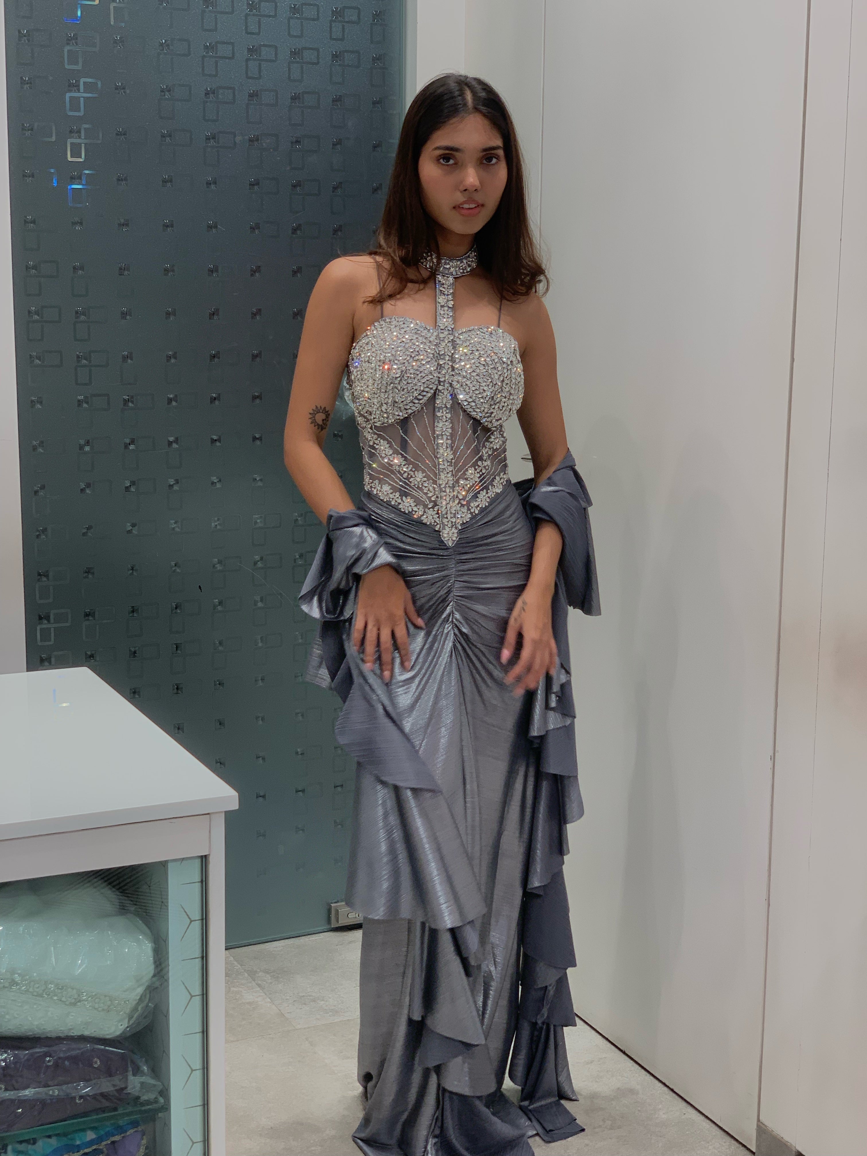 Grey & Silver Satin Halter Neck Corset Finish Top & Drape Skirt Indo Western Set