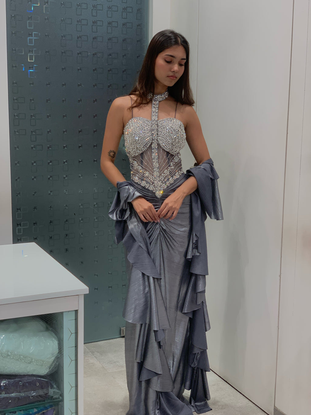Grey & Silver Satin Halter Neck Corset Finish Top & Drape Skirt Indo Western Set