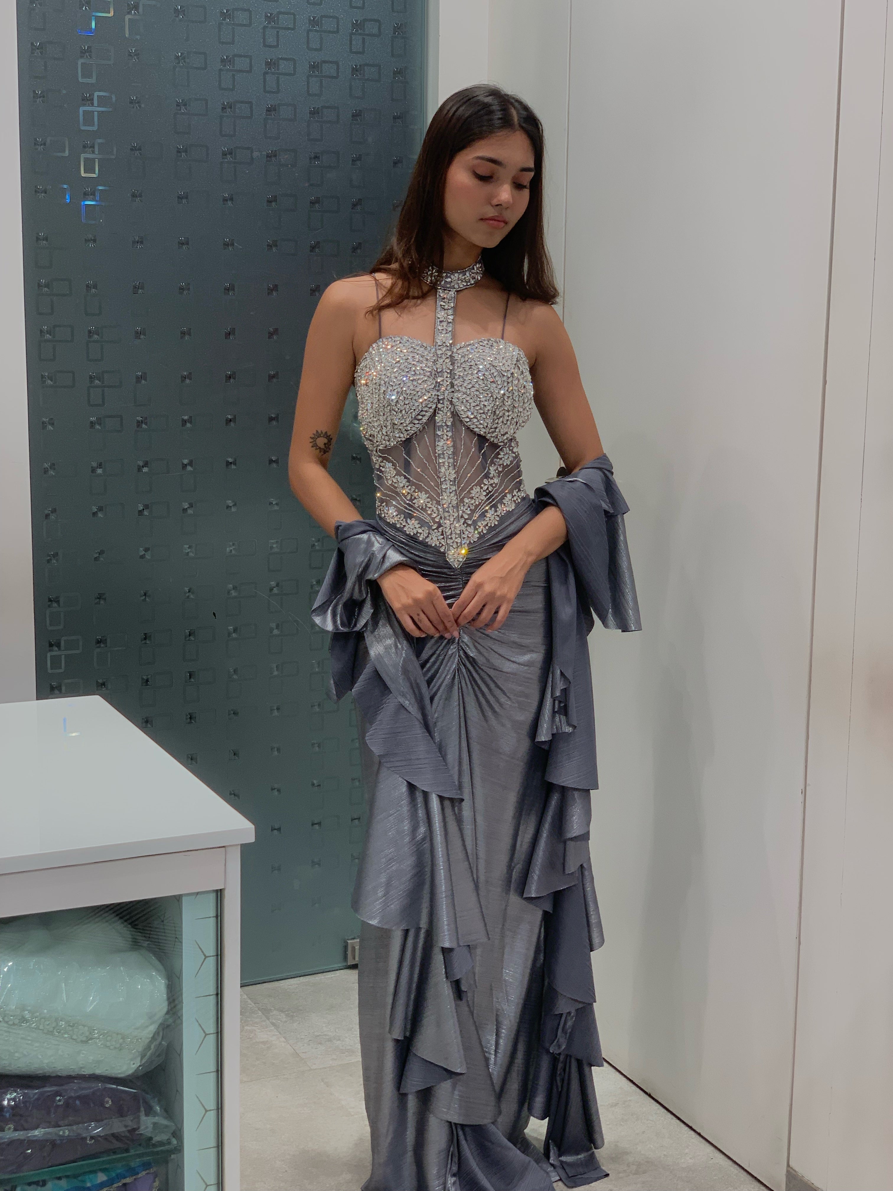 Grey & Silver Satin Halter Neck Corset Finish Top & Drape Skirt Indo Western Set