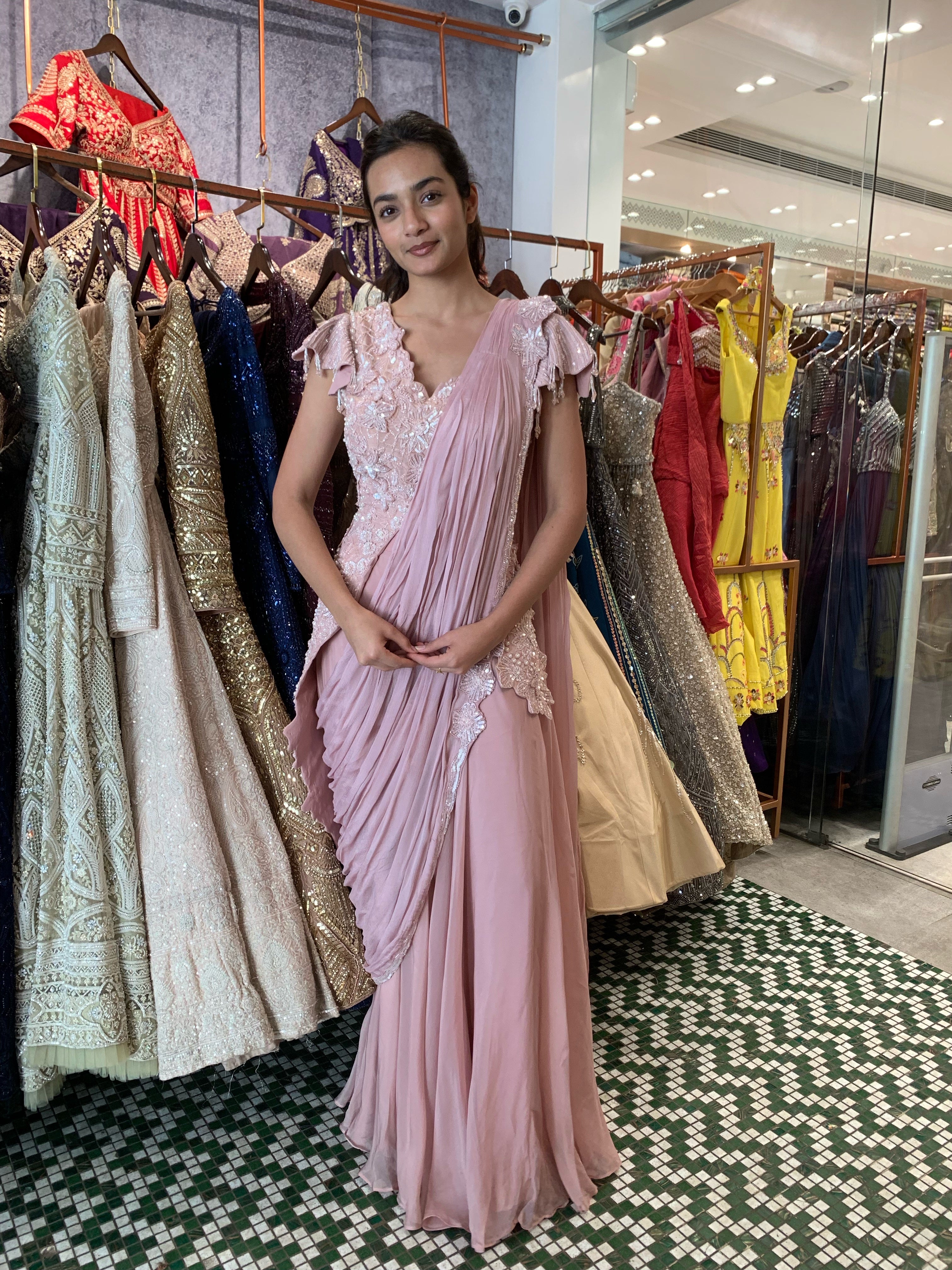 Baby Pink High Low Drape Saree