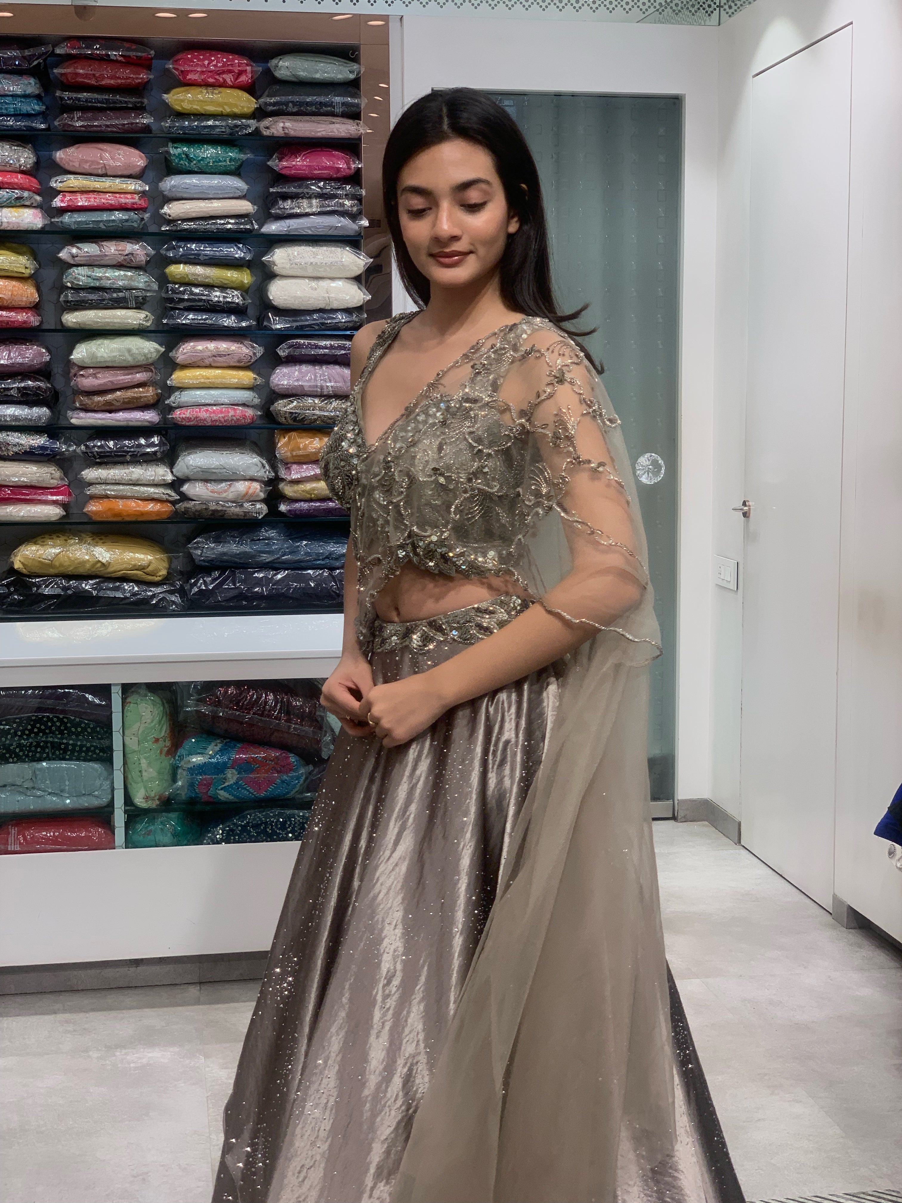 Brown Raw Silk Blouse & Complete Work Pallu Drape Lehenga