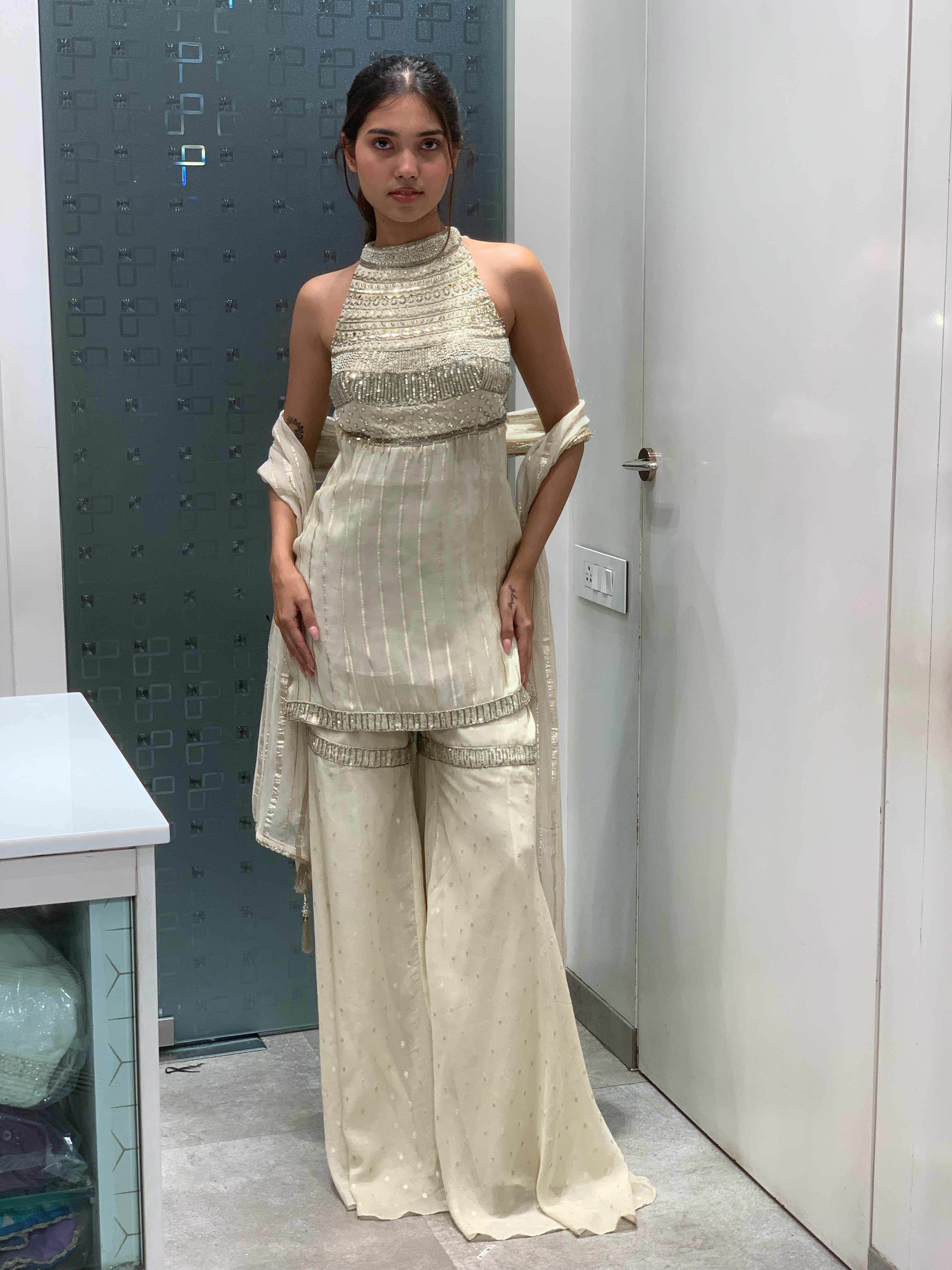 White Tissue High Neck Sharara Set