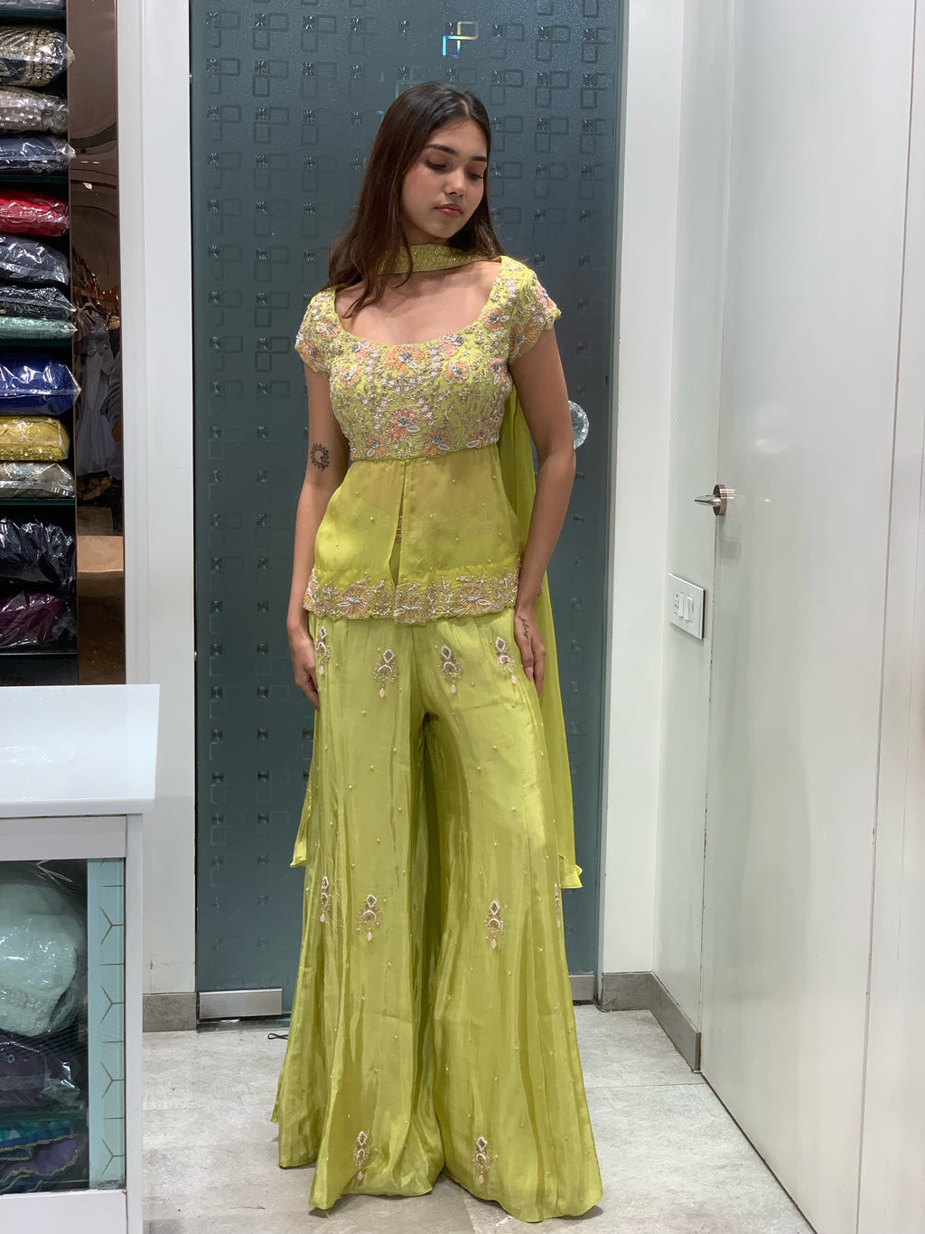 Light Green Chanderi Silk Crop Top & Bell Bottom Pants