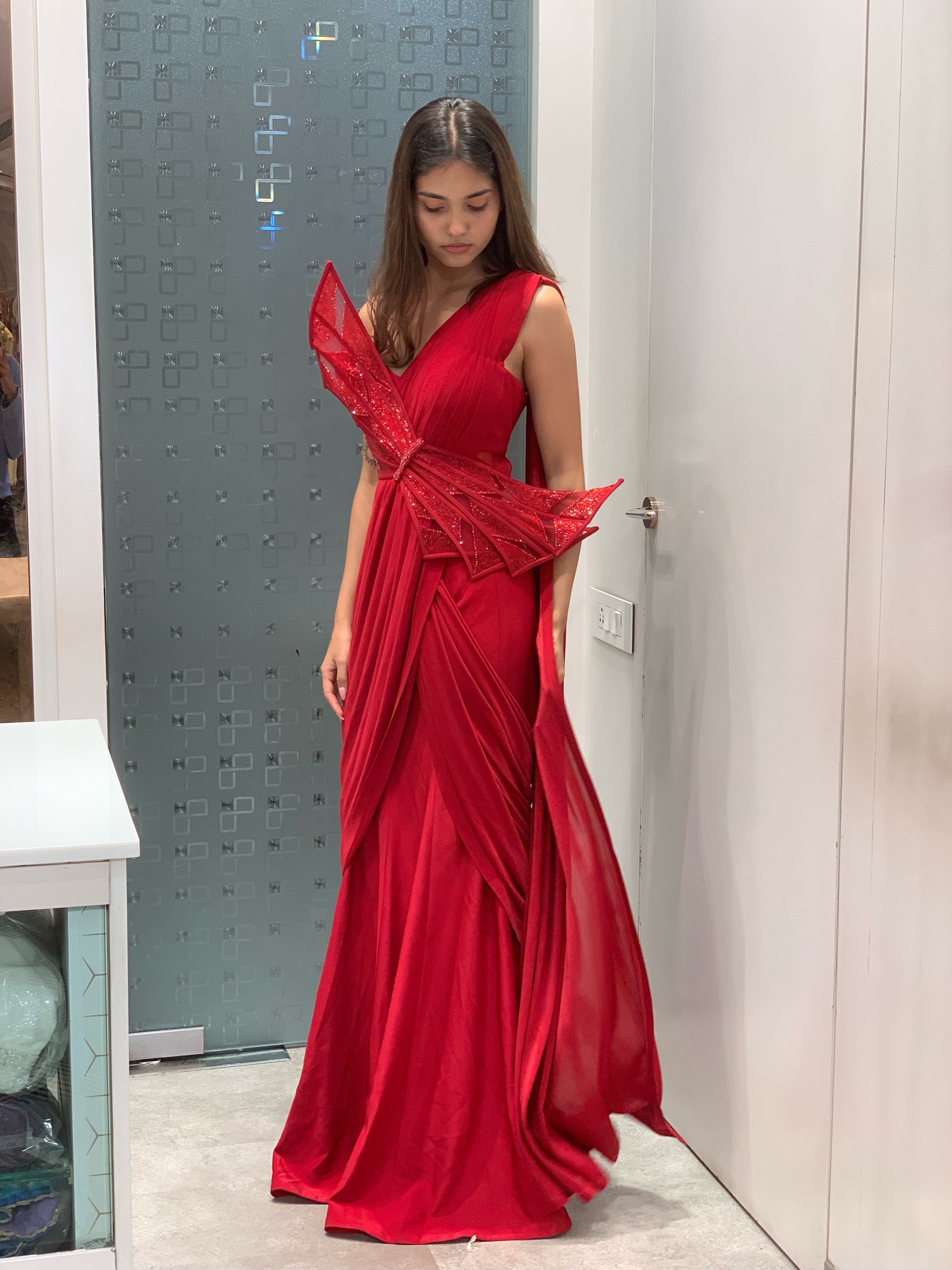 Red Satin Silk Bow Detail Bodycon Gown with Pallu Drape Indo Western