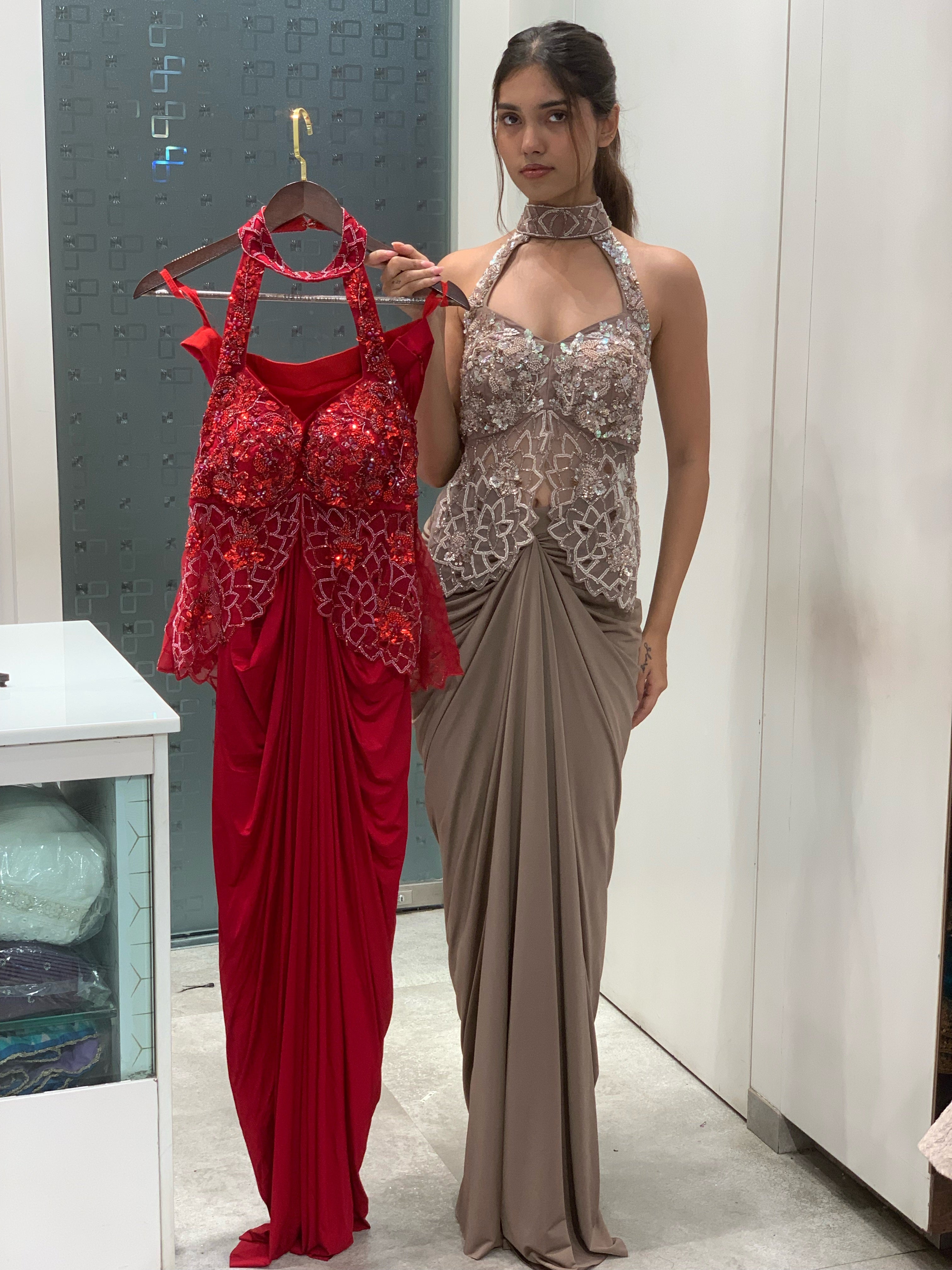 Red & Brown Satin Applique Work Halter Neck Top & Drape Skirt Indo Western Set