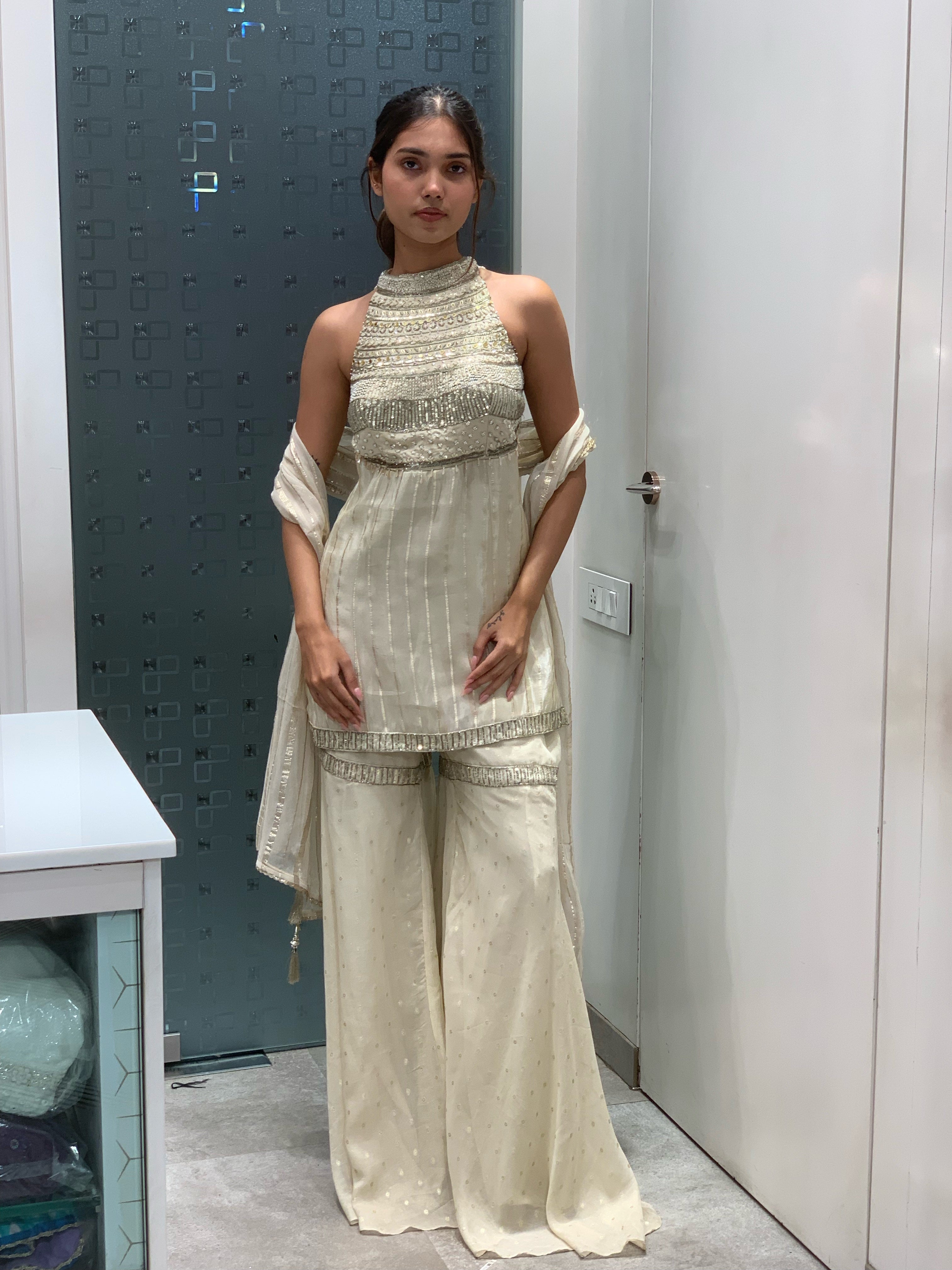 White Tissue High Neck Sharara Set