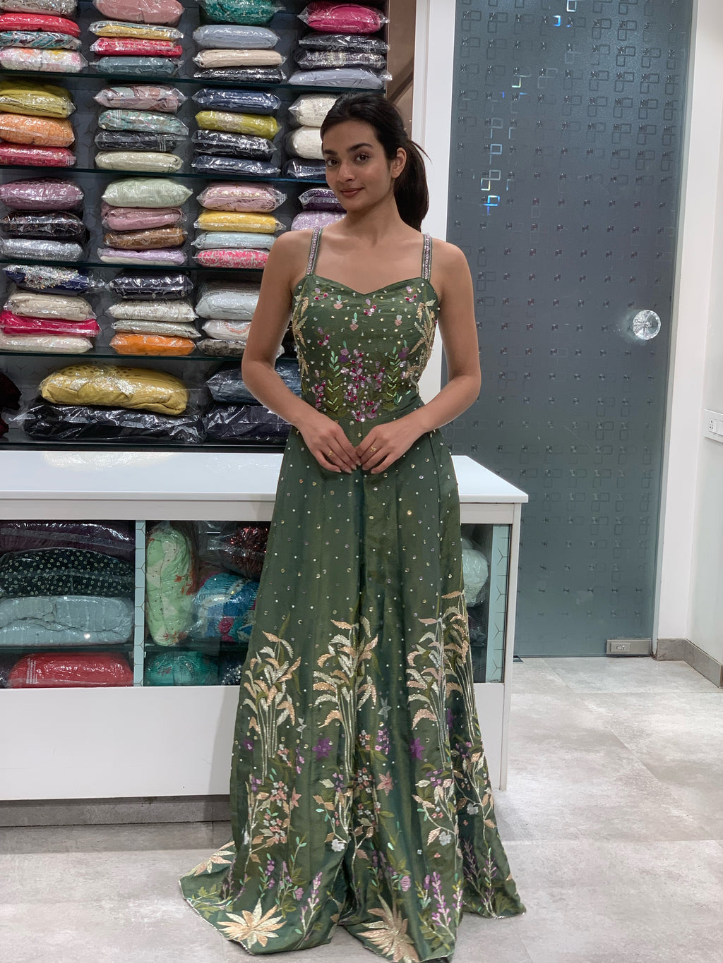Green Raw Silk Nature Embellished Forest Jumpsuit Indo Western