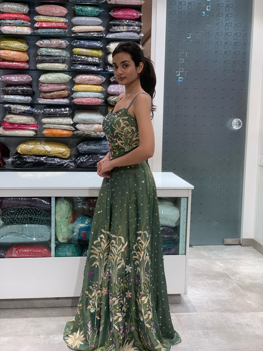 Green Raw Silk Nature Embellished Forest Jumpsuit Indo Western